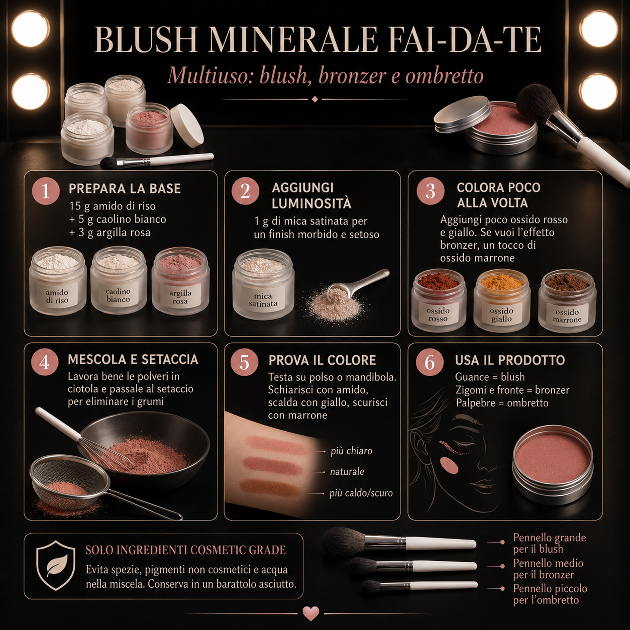 Infografica quadrata che spiega come fare un blush minerale fai da te multiuso, con ingredienti come amido di riso, caolino bianco, argilla rosa, mica satinata e ossidi minerali, e passaggi per usarlo anche come bronzer e ombretto