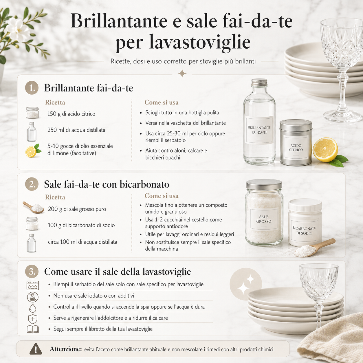 Infografica quadrata con ricette, dosi e istruzioni per usare brillantante fai-da-te, sale con bicarbonato e sale specifico per lavastoviglie