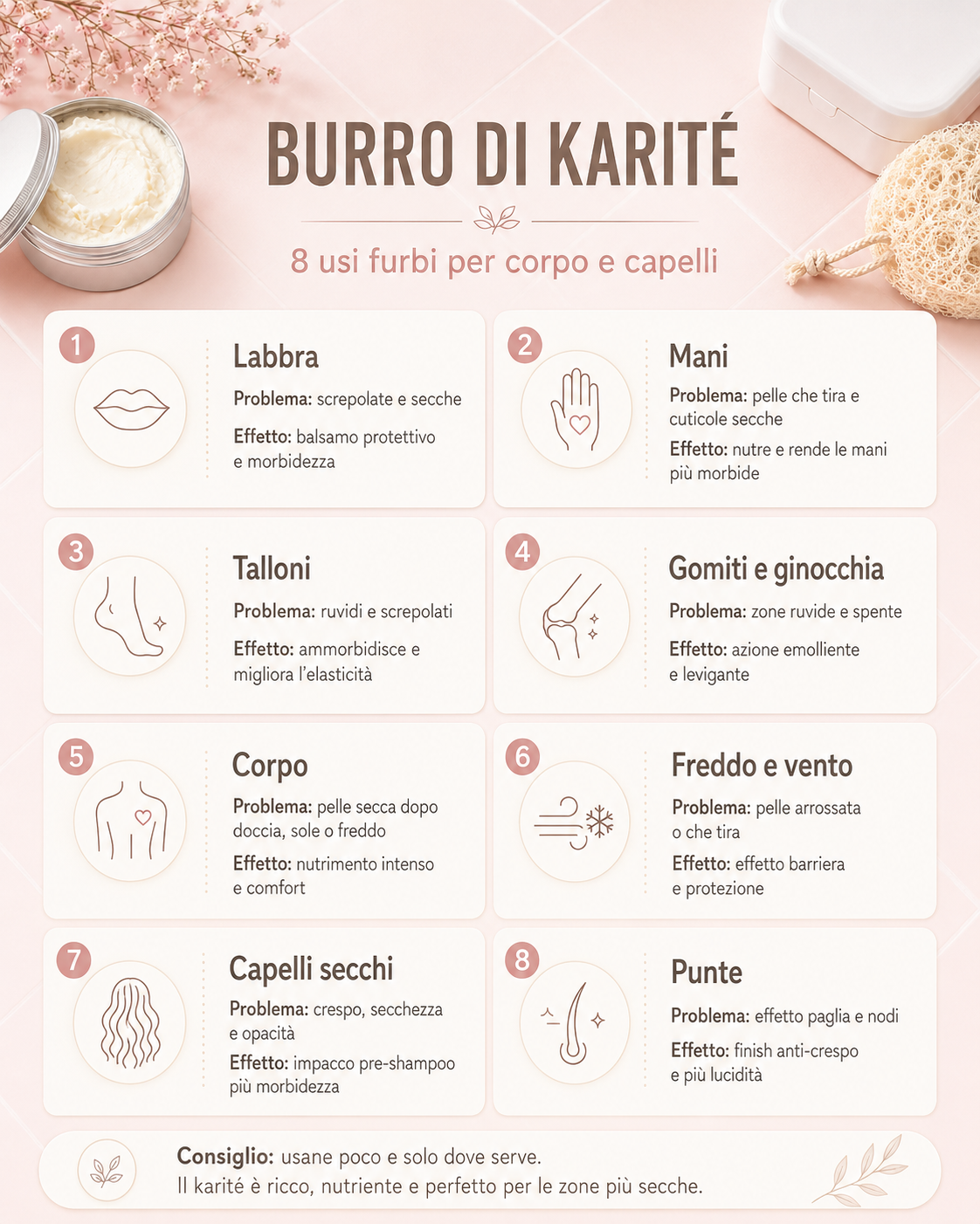Infografica elegante sugli 8 usi del burro di karité per corpo e capelli, con consigli per labbra, mani, talloni, pelle secca, freddo, capelli crespi e punte rovinate