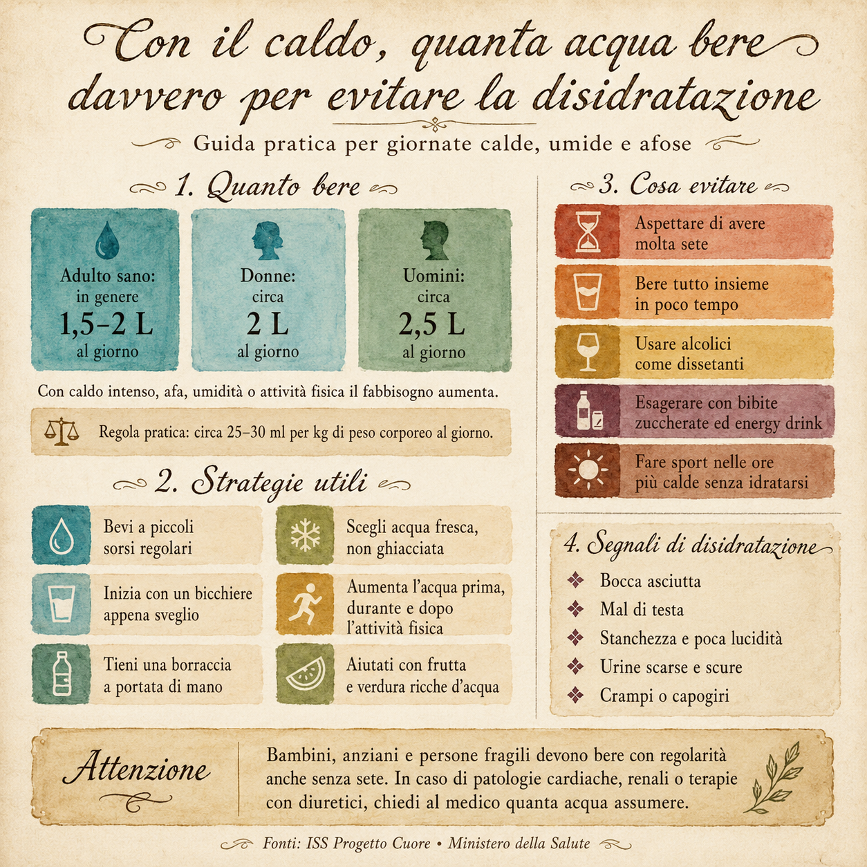 Infografica quadrata in stile vintage che spiega quanta acqua bere con il caldo per evitare la disidratazione, con strategie utili, errori da evitare e segnali di disidratazione