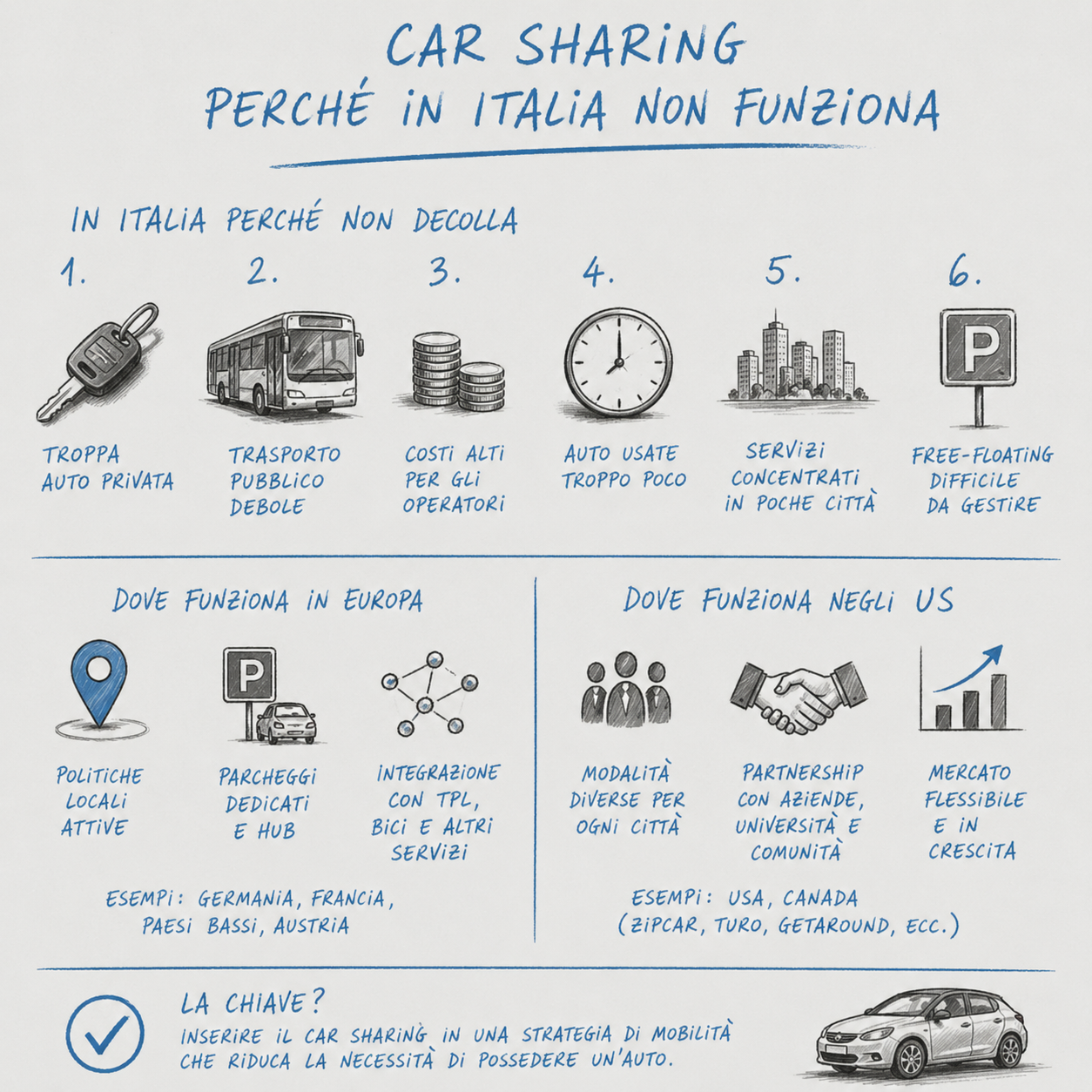 Infografica in stile disegnato a mano con scritte blu sui motivi per cui il car sharing in Italia non decolla, con confronto su Europa e Stati Uniti.