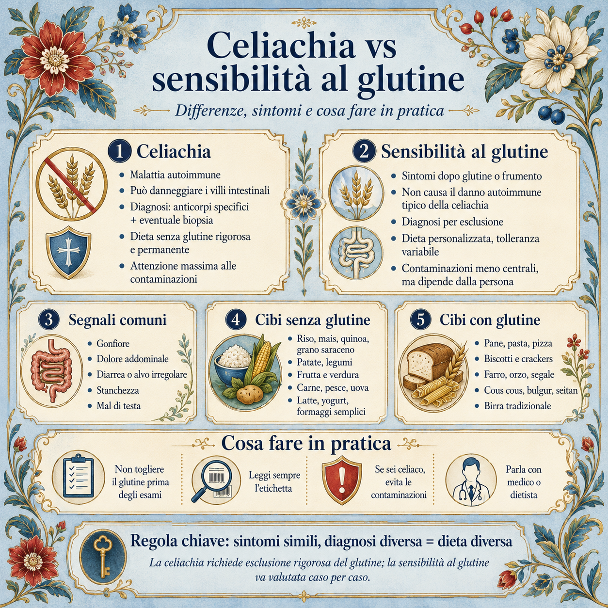 nfografica sulla differenza tra celiachia e sensibilità al glutine, con sintomi comuni, diagnosi, dieta senza glutine, cibi consentiti, cibi da evitare e cosa fare in pratica