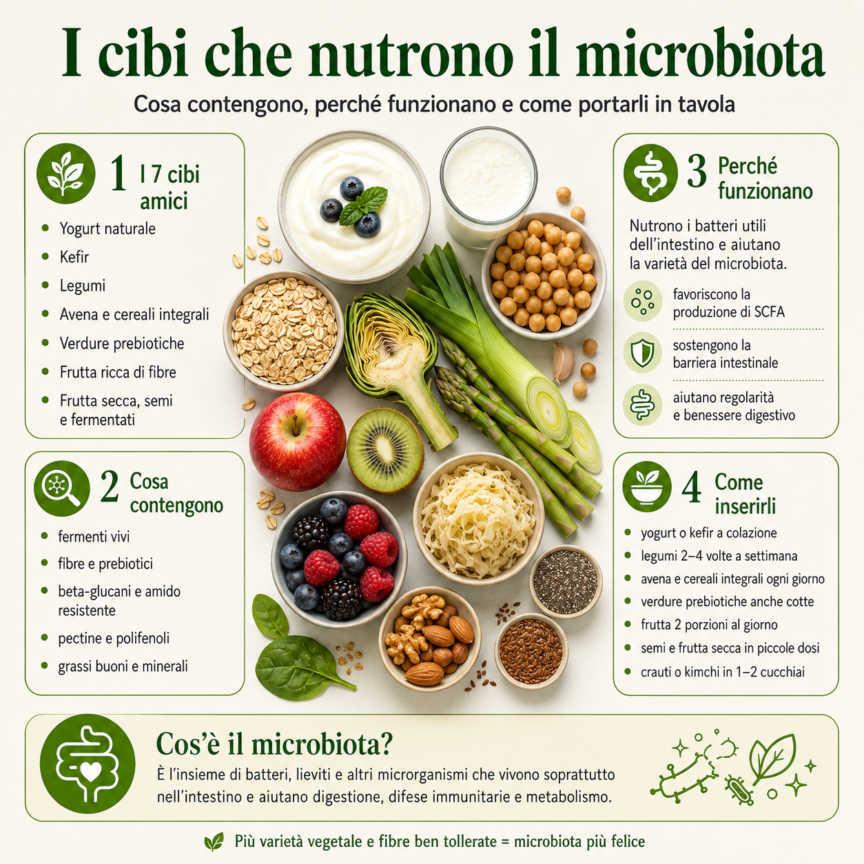 Infografica sui cibi che nutrono il microbiota, con yogurt, kefir, legumi, avena, verdure prebiotiche, frutta, semi e fermentati, e consigli su perché funzionano e come inserirli nella dieta