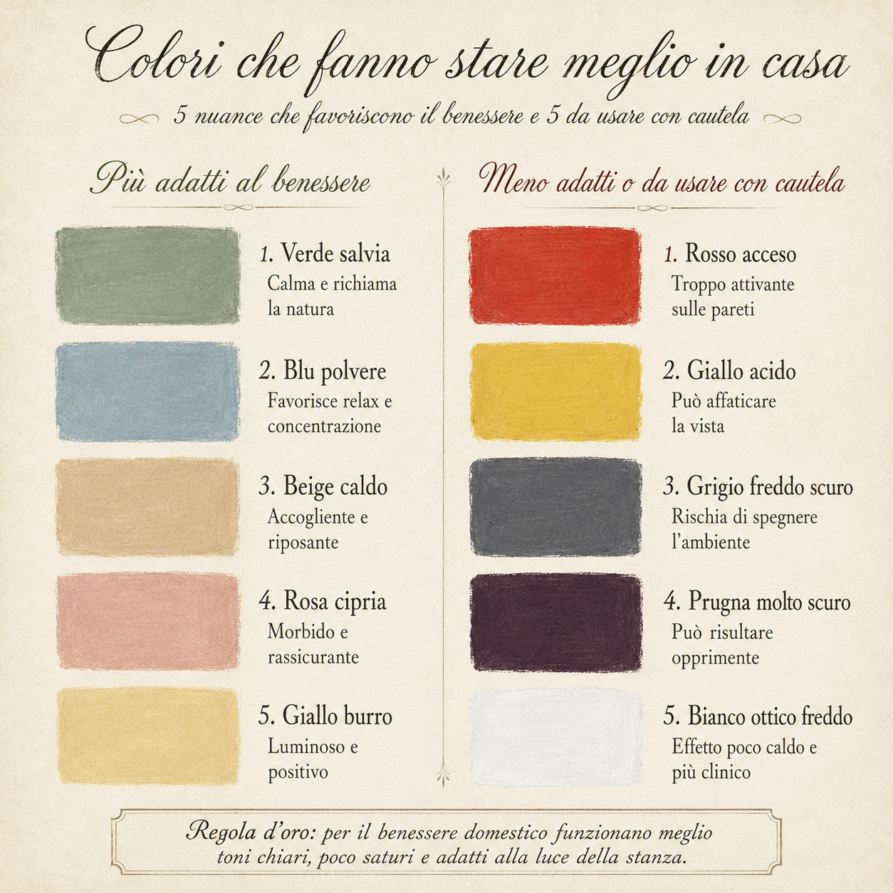 Infografica in stile campionario colori che mostra le nuance più adatte al benessere in casa, come verde salvia, blu polvere e beige caldo, e quelle da usare con cautela, come rosso acceso, giallo acido e prugna scuro