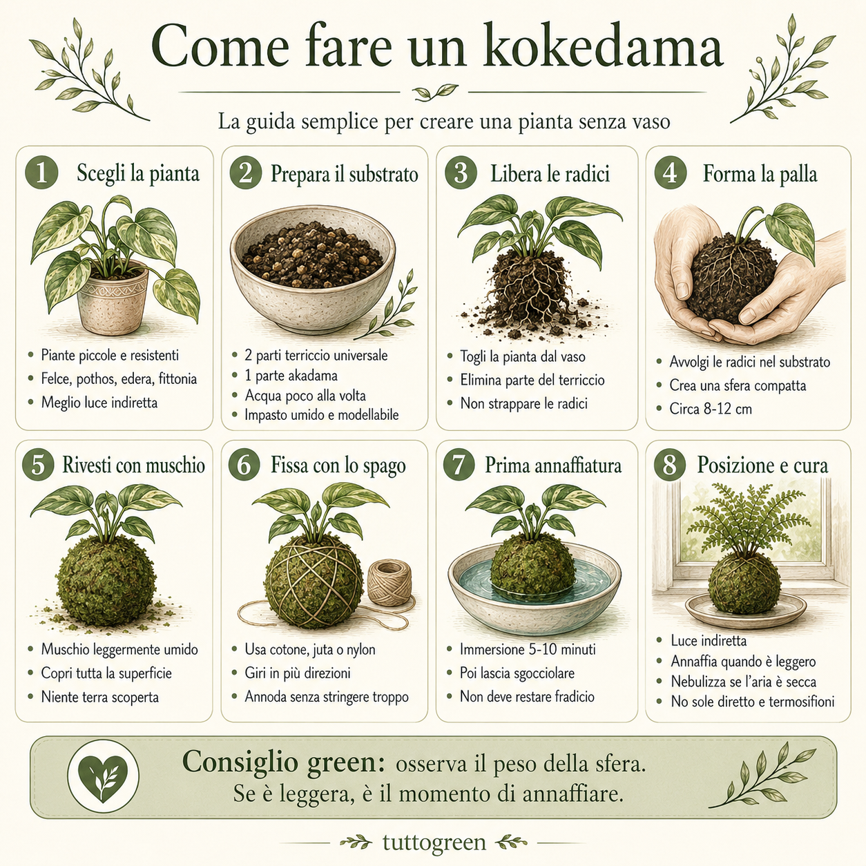 Infografica illustrata che spiega come fare un kokedama passo passo: scelta della pianta, preparazione del substrato, pulizia delle radici, formazione della palla, rivestimento con muschio, fissaggio con spago, prima annaffiatura e cura