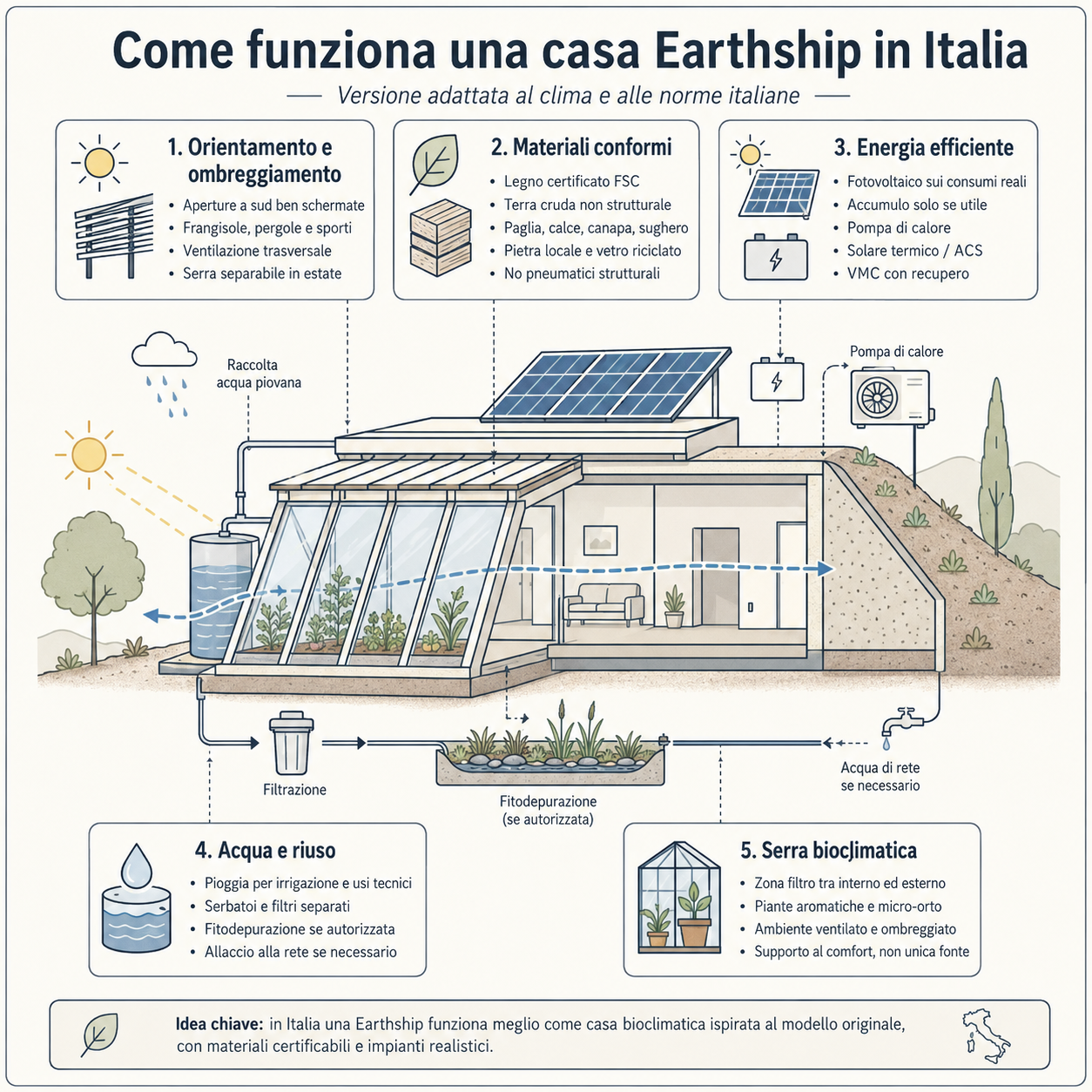 Infografica quadrata che spiega come funziona una casa Earthship in Italia, con orientamento e schermature solari, materiali conformi alle norme italiane, energia efficiente, raccolta e riuso dell’acqua e serra bioclimatica