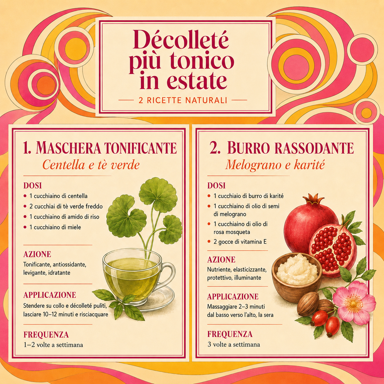 Infografica in stile rétro con 2 ricette naturali per un décolleté più tonico in estate, con dosi, azione, applicazione e ingredienti come centella, tè verde, melograno e karité