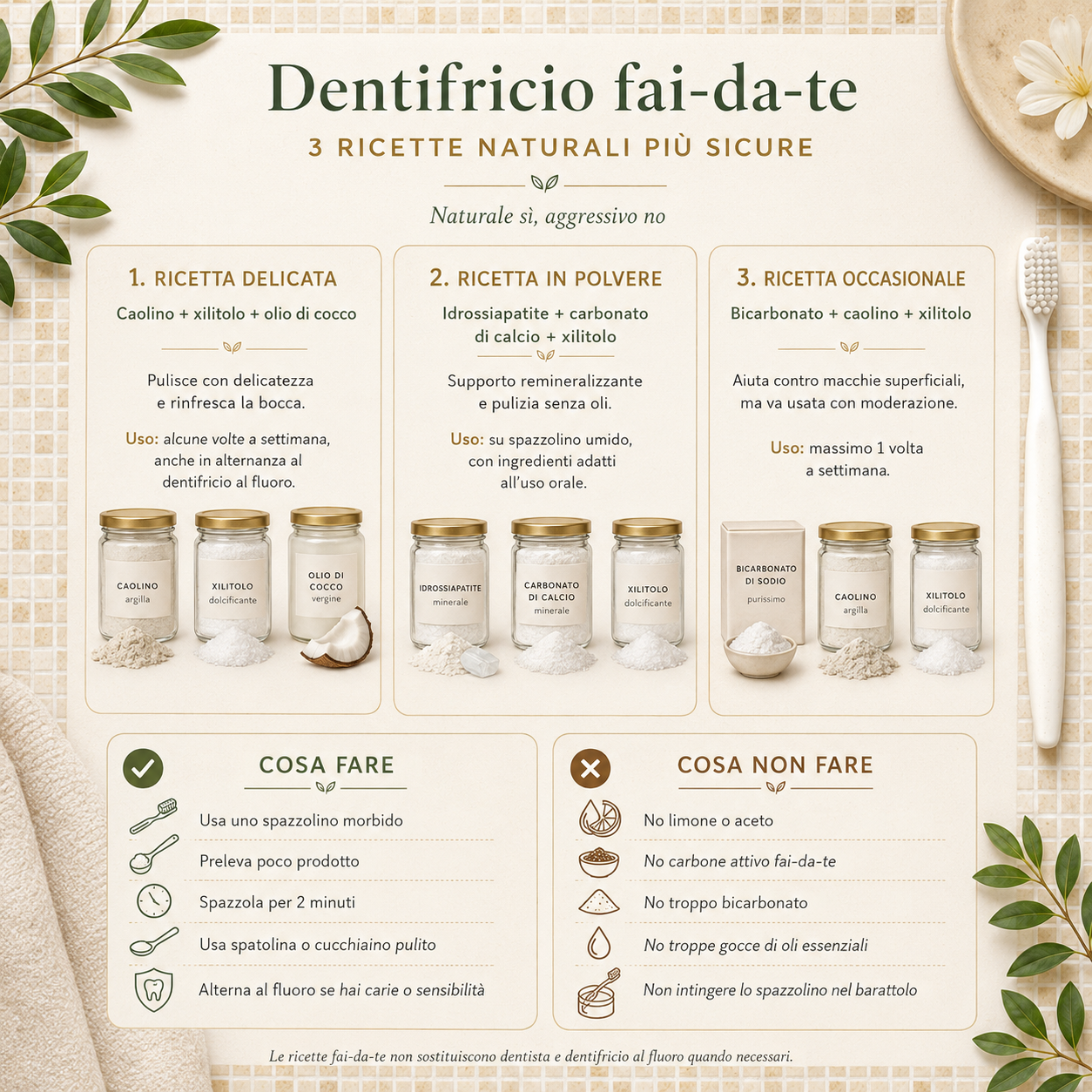 Infografica quadrata elegante e minimale che riassume 3 ricette di dentifricio fai-da-te con ingredienti naturali, modalità d’uso, consigli utili e errori da evitare