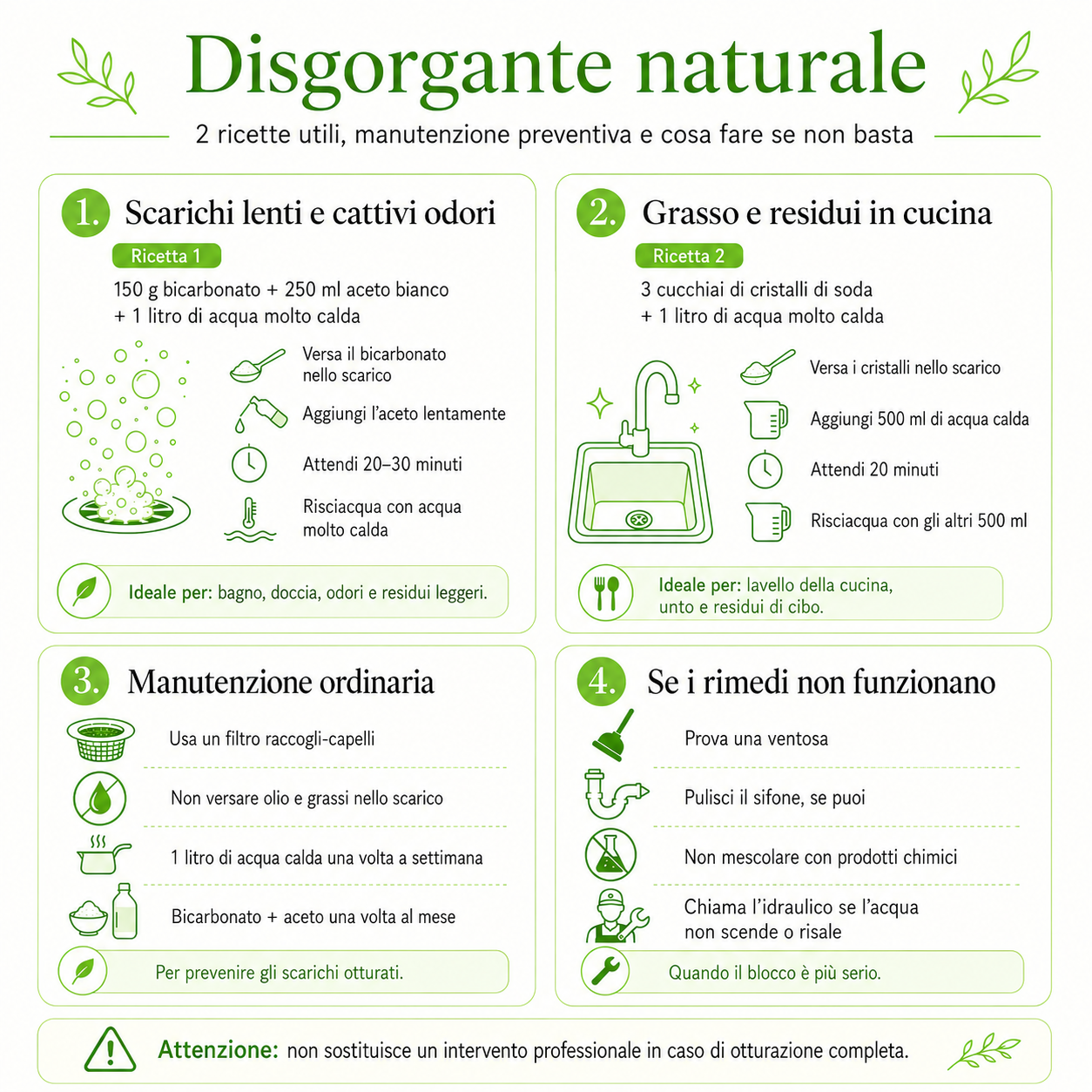 Infografica quadrata minimal in verde brillante con due ricette di disgorgante naturale, consigli di manutenzione degli scarichi e indicazioni su cosa fare se i rimedi non funzionano