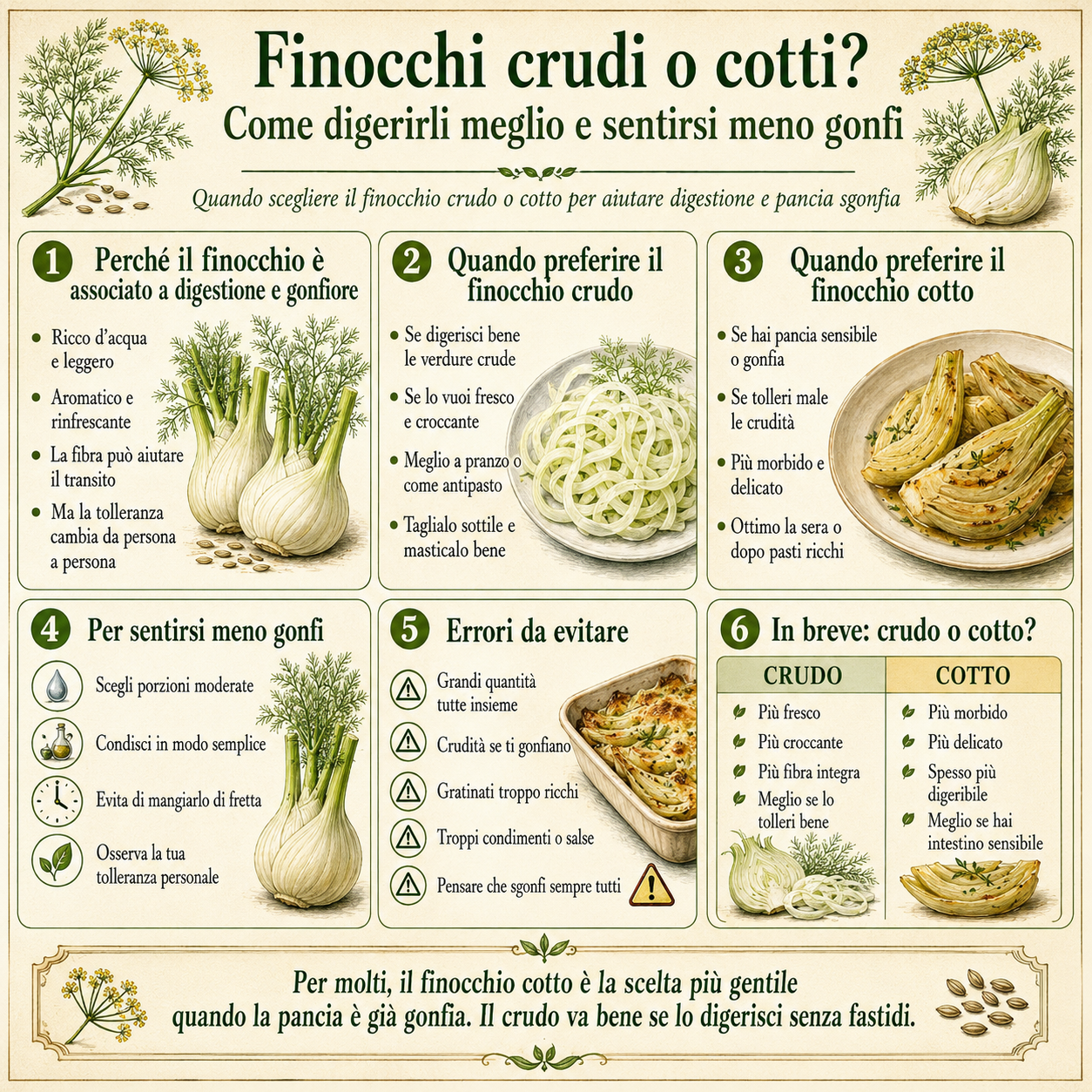 Infografica quadrata in stile botanico che spiega quando scegliere i finocchi crudi o cotti per digerirli meglio e sentirsi meno gonfi, con consigli su digestione, gonfiore, momenti migliori per consumarli ed errori da evitare