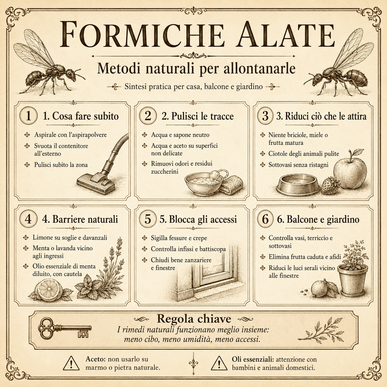 Infografica quadrata in stile vintage color seppia con i metodi naturali per allontanare le formiche con le ali da casa, balcone e giardino