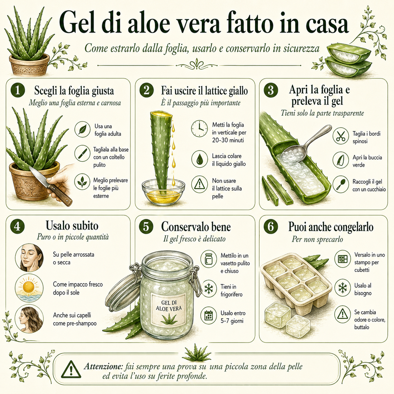 Infografica quadrata con i passaggi per estrarre il gel di aloe vera dalla foglia, eliminare il lattice giallo, usarlo e conservarlo correttamente