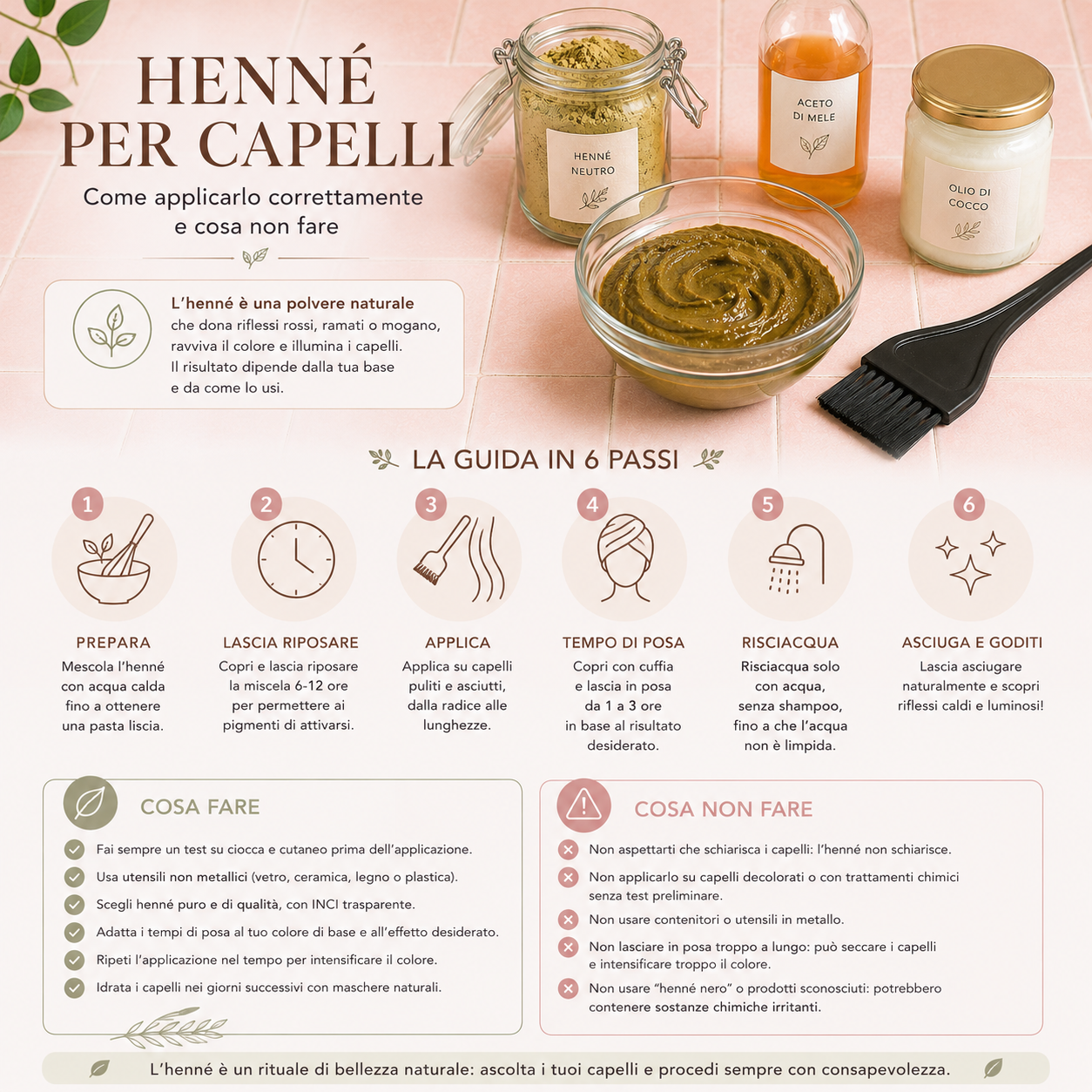 Infografica elegante e minimal sull’henné per capelli, con ciotola di pasta di henné, pennello da tinta, aceto di mele e olio di cocco, che spiega in modo sintetico come applicarlo correttamente e cosa evitare