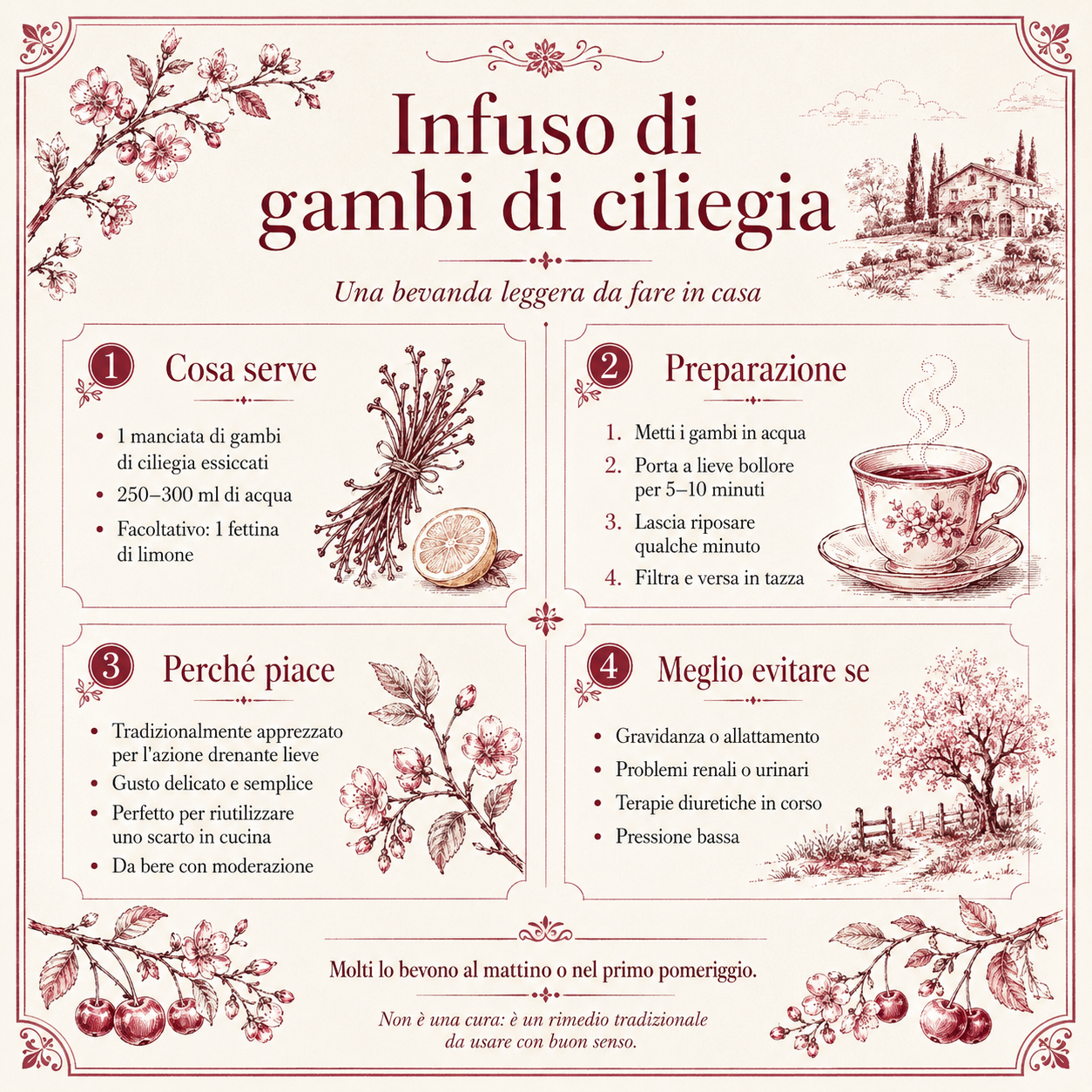 Infografica semplice sull’infuso di peduncoli di ciliegia, con ingredienti, preparazione, benefici tradizionalmente associati all’azione depurativa e indicazioni d’uso