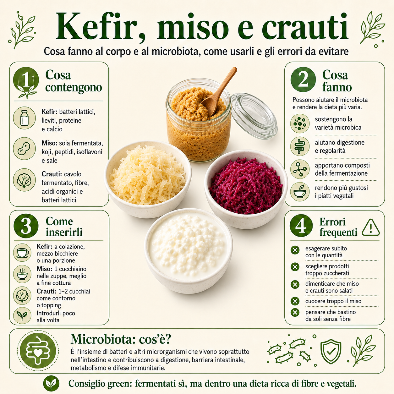 Infografica su kefir, miso e crauti con effetti sull’intestino e sul microbiota, cosa contengono, come inserirli nella dieta e gli errori da evitare