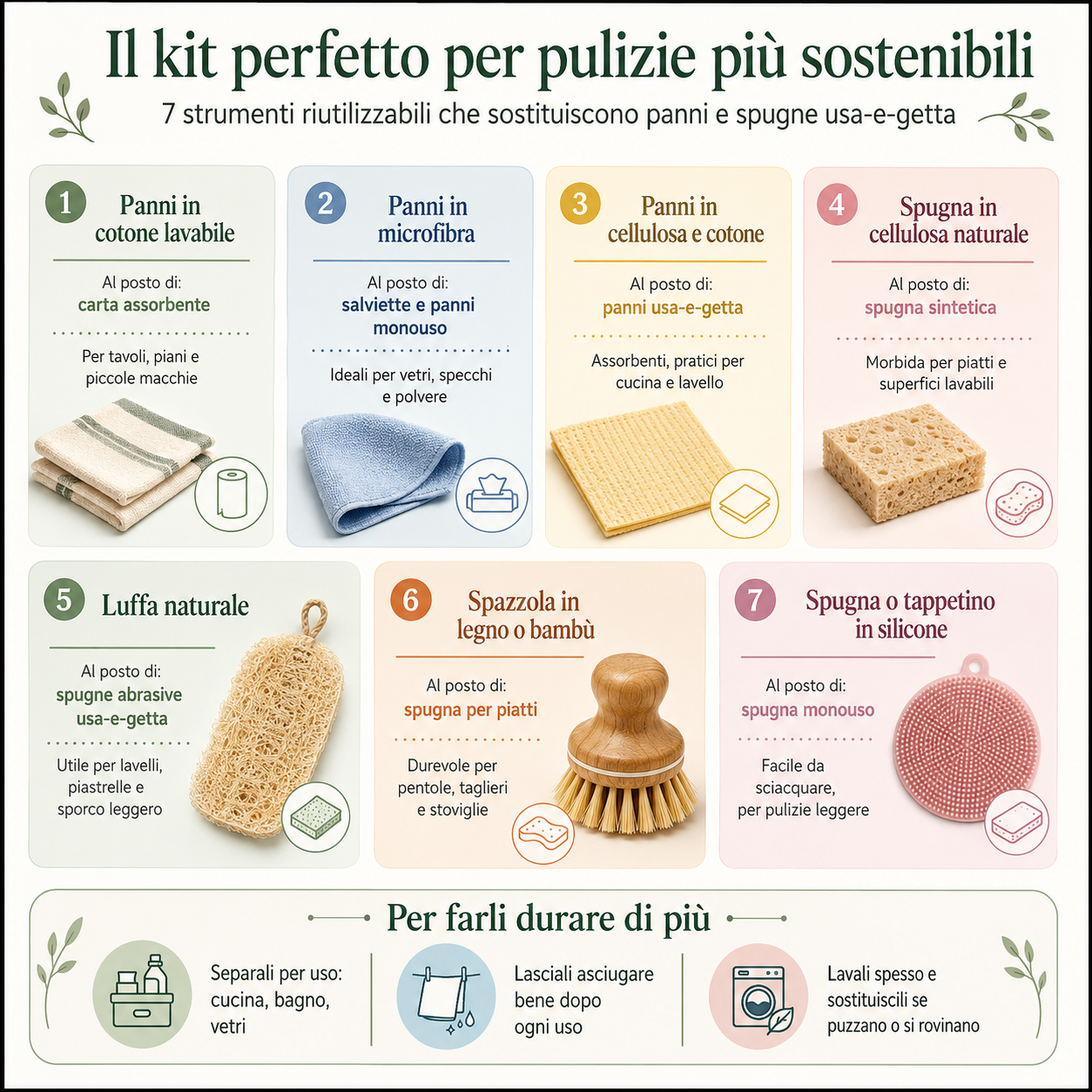 Infografica elegante e colorata con i 7 strumenti riutilizzabili per le pulizie di casa che sostituiscono panni, spugne e prodotti usa-e-getta: cotone, microfibra, cellulosa, luffa, spazzola in legno e silicone