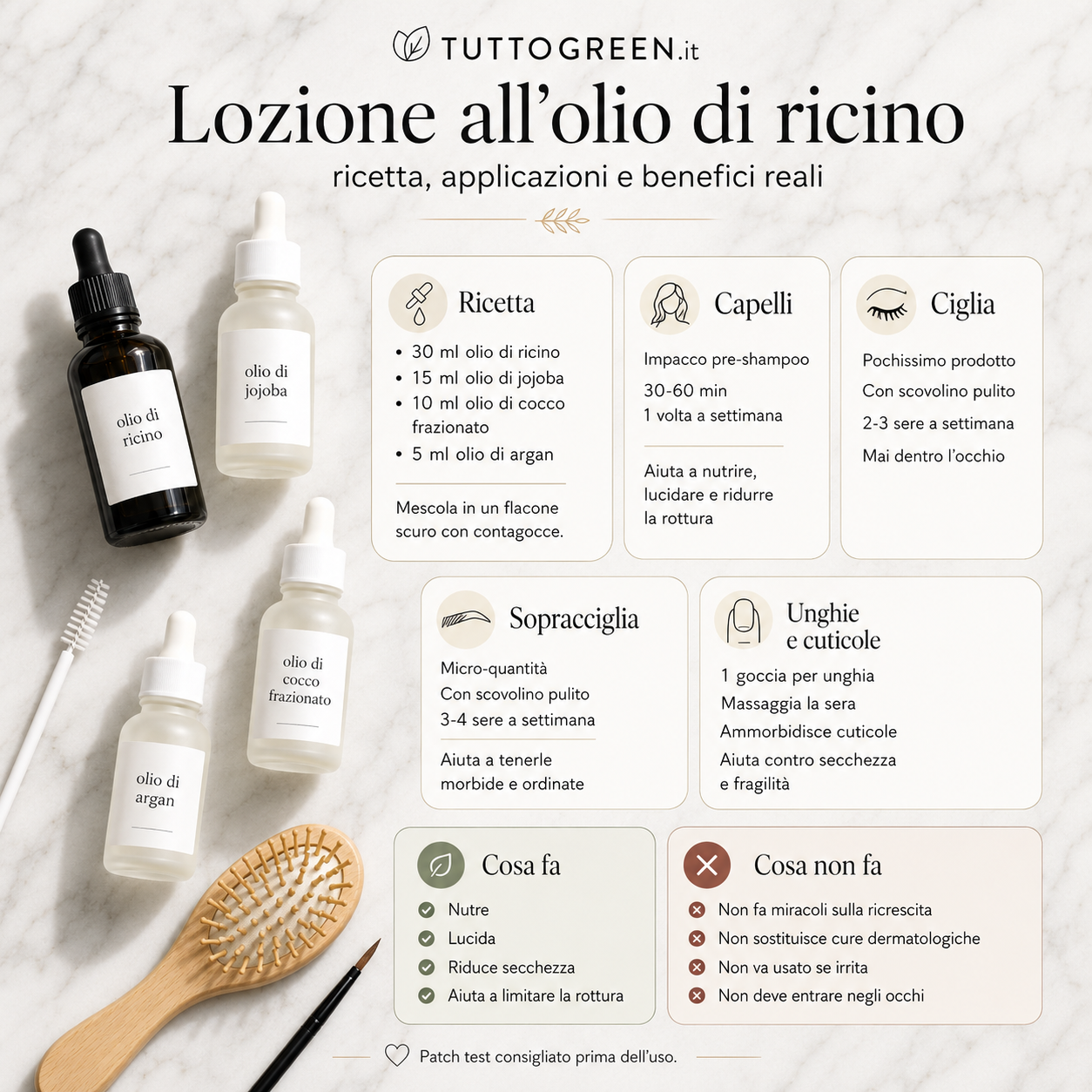Infografica su marmo bianco con ricetta della lozione all’olio di ricino e consigli per applicarla su capelli, ciglia, sopracciglia, unghie e cuticole, con benefici reali e avvertenze su cosa non fa
