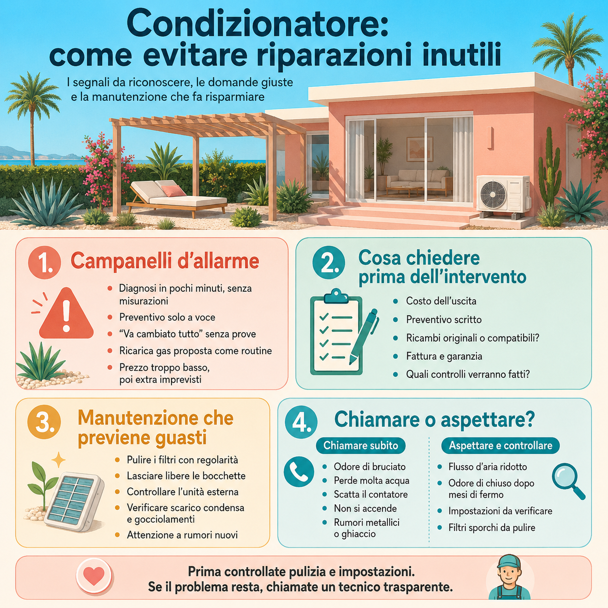 Infografica quadrata sul condizionatore con consigli di manutenzione per evitare riparazioni inutili, segnali di allarme, domande da fare prima dell’intervento e indicazioni su quando chiamare un tecnico