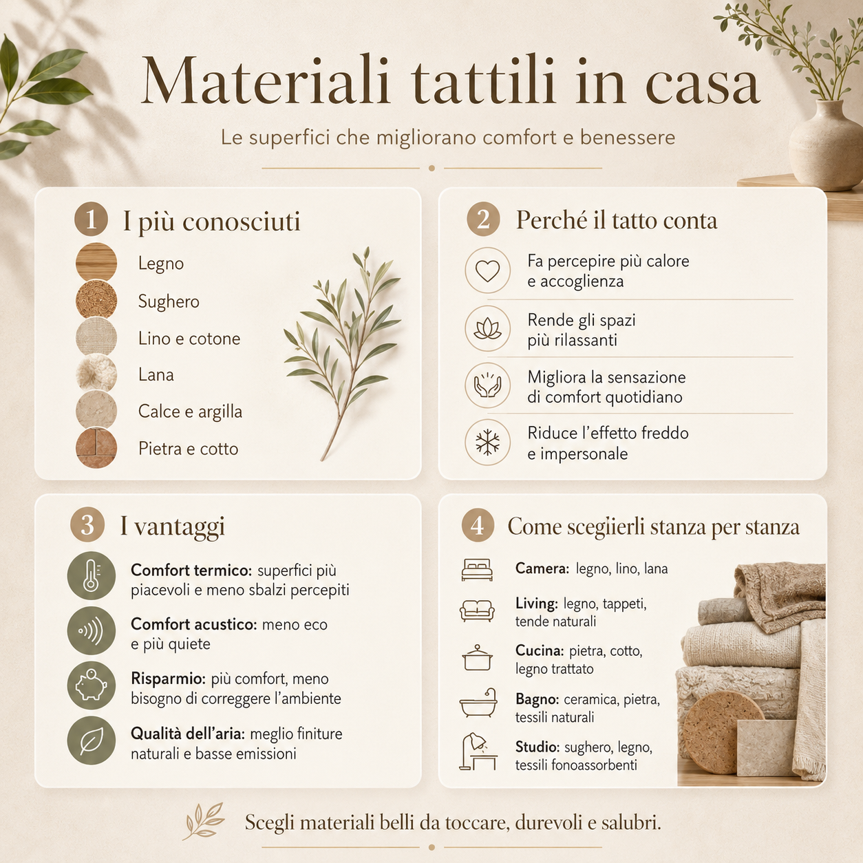 Infografica quadrata minimalista sui materiali tattili in casa, con i materiali più conosciuti, il ruolo del tatto nel comfort domestico, i vantaggi per comfort termico e acustico, risparmio e qualità dell’aria, e consigli stanza per stanza