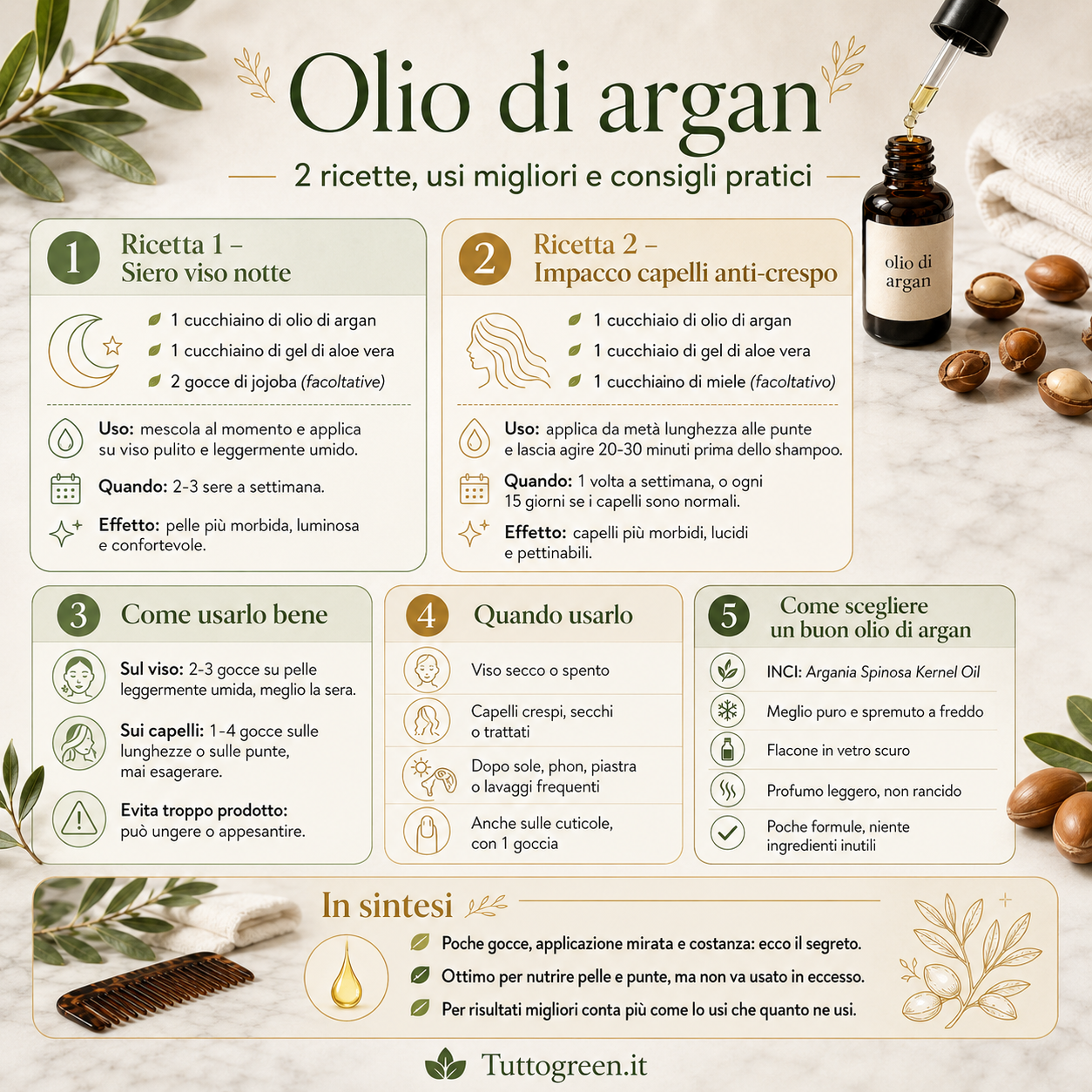 Infografica quadrata sull’olio di argan con 2 ricette per viso e capelli, consigli su come applicarlo bene, quando usarlo e come scegliere un buon olio di argan