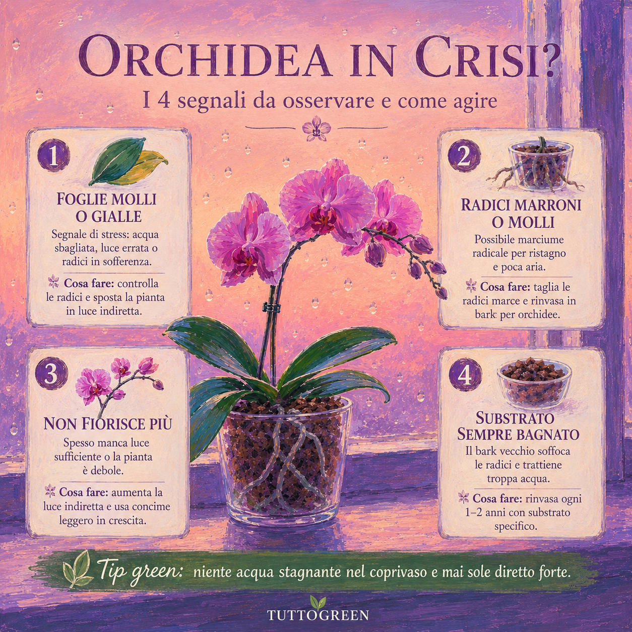 Infografica illustrata che riassume i 4 segnali di un’orchidea in crisi: foglie molli o gialle, radici marroni o molli, mancata fioritura e substrato sempre bagnato, con consigli pratici su come intervenire