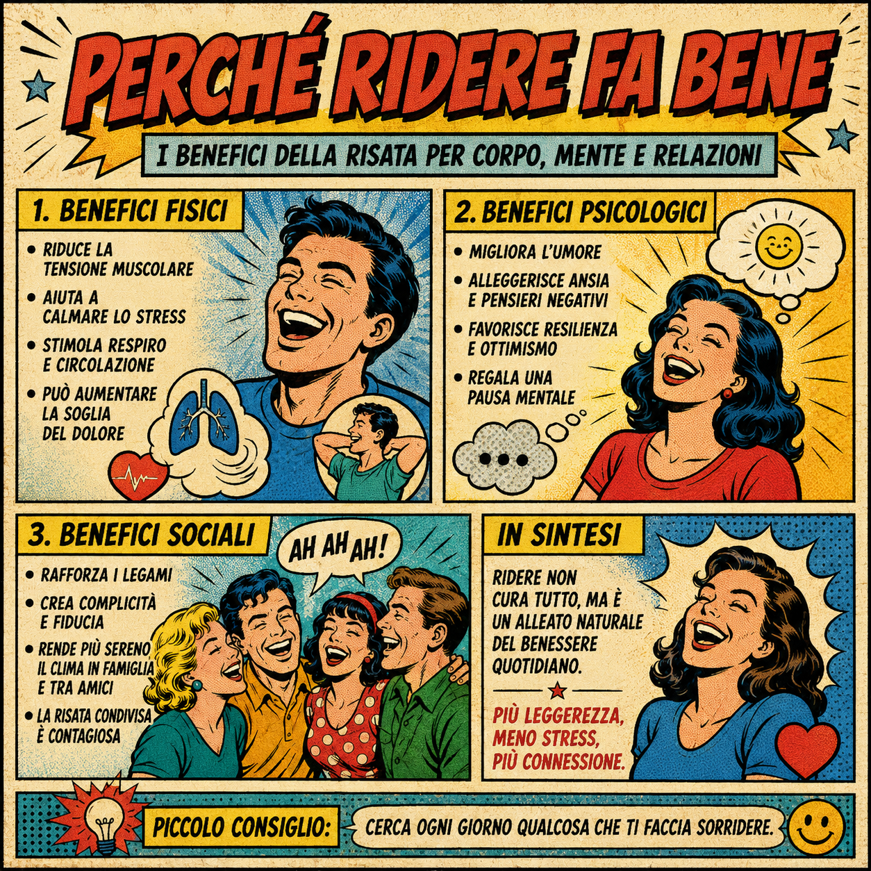Infografica in stile fumetto vintage sui benefici della risata per corpo, mente e relazioni sociali