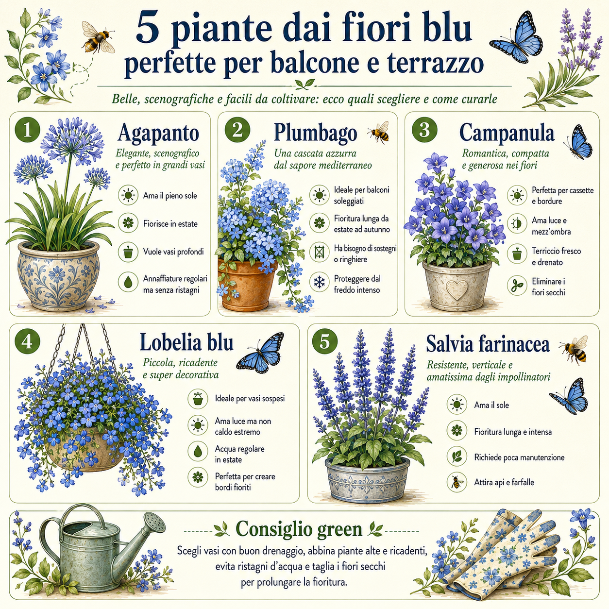 Infografica illustrata con 5 piante dai fiori blu ideali per balcone e terrazzo: agapanto, plumbago, campanula, lobelia blu e salvia farinacea, con consigli di cura su sole, acqua, vasi e fioritura.