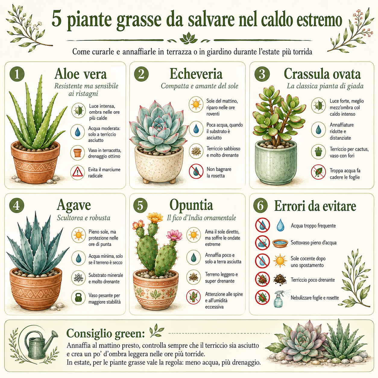 Infografica quadrata sulle 5 piante grasse più diffuse da proteggere durante il caldo estivo, con consigli su luce, annaffiature, drenaggio ed errori da evitare