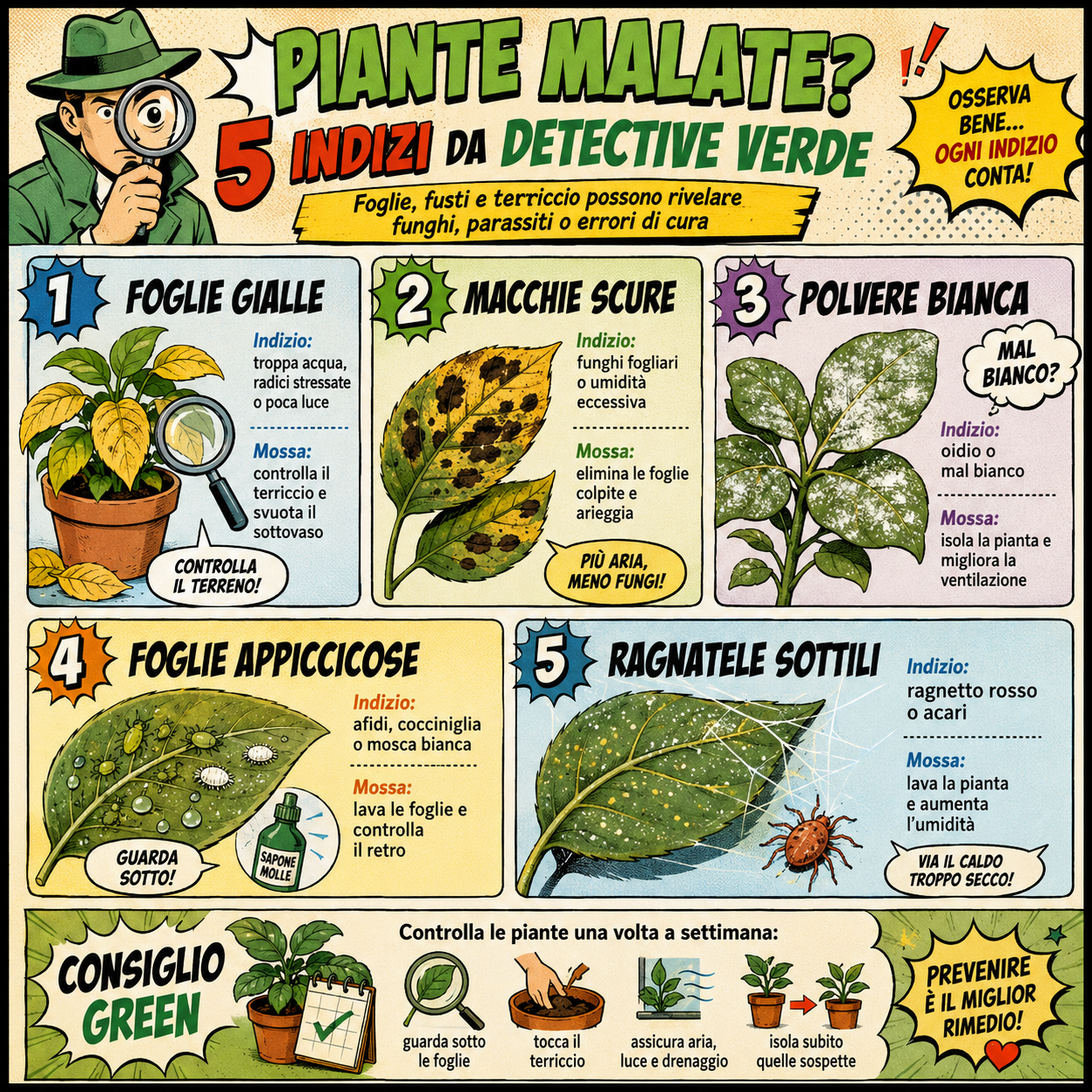 Infografica in stile fumetto con 5 indizi per riconoscere le malattie delle piante: foglie gialle, macchie scure, polvere bianca, foglie appiccicose e ragnatele sottili, con rimedi naturali e consigli di cura