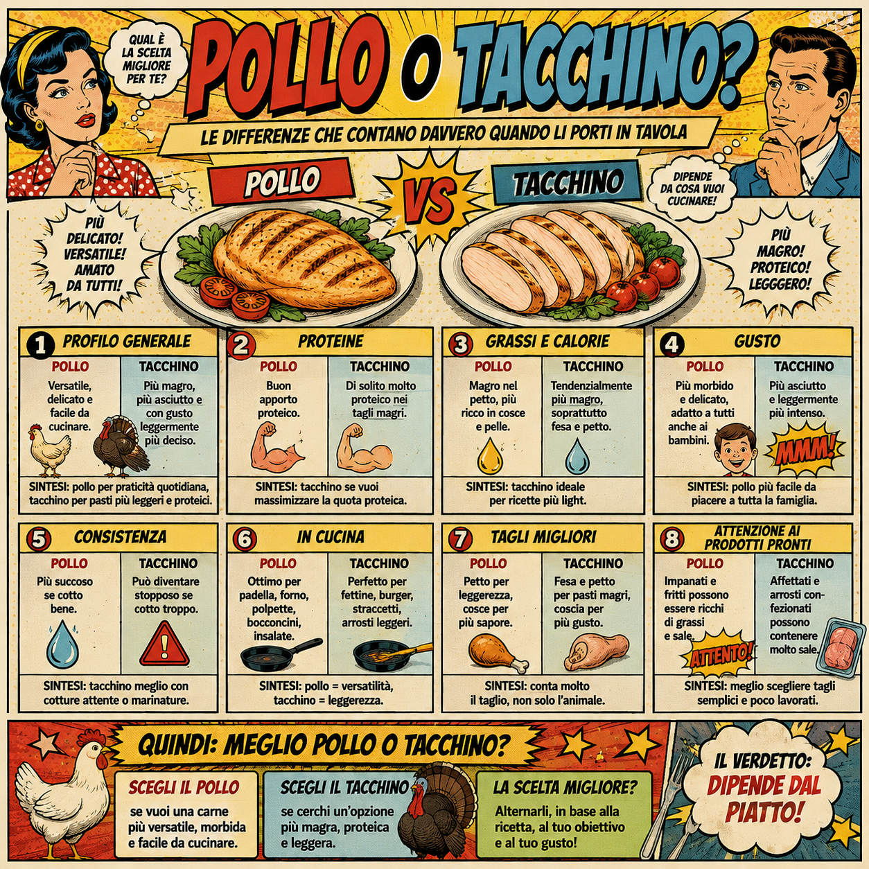 Infografica in stile fumetto vintage che confronta pollo e tacchino per proteine, grassi, gusto, consistenza, cottura, tagli migliori e uso in cucina