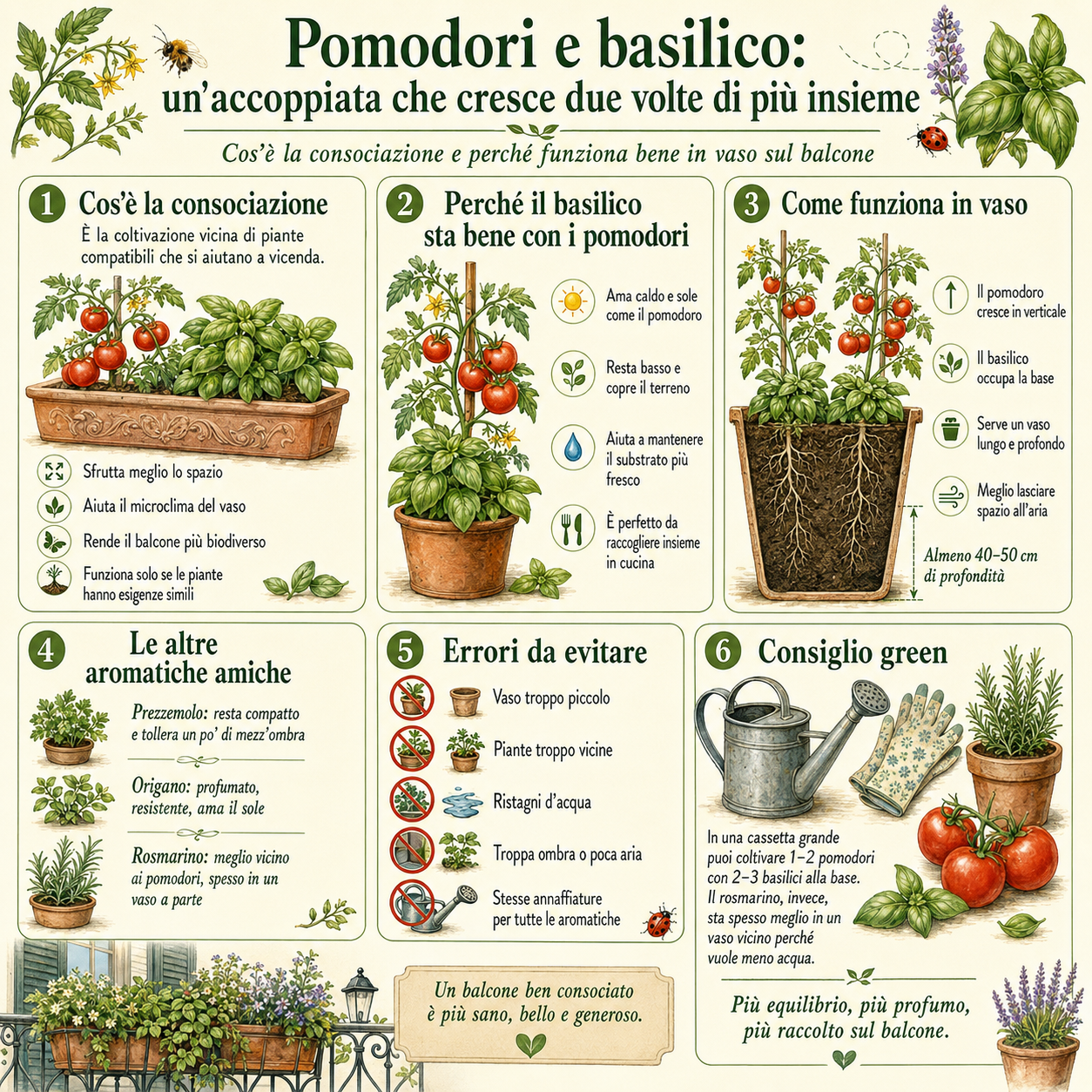 nfografica quadrata sulla consociazione tra pomodori e basilico in vaso, con spiegazione di come funziona, vantaggi, aromatiche compatibili ed errori da evitare

