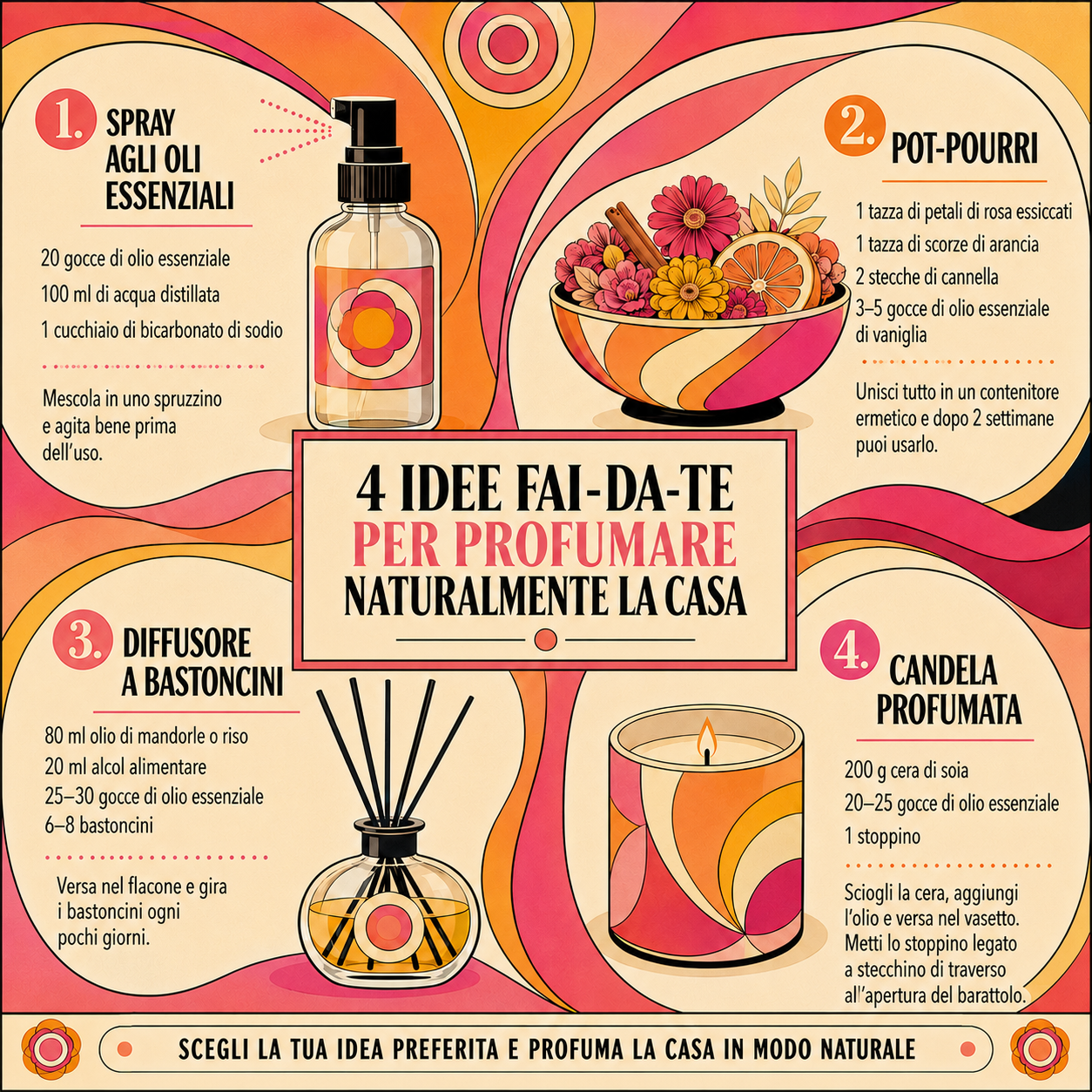 Infografica quadrata in stile rétro ispirata a Pucci con 4 idee fai-da-te per profumare naturalmente la casa: spray agli oli essenziali, pot-pourri, diffusore a bastoncini e candela profumata, con dosi e istruzioni