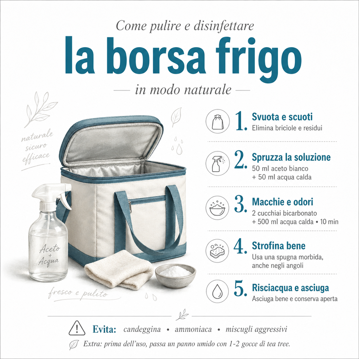 Infografica quadrata con i passaggi per pulire e disinfettare la borsa frigo in modo naturale usando aceto bianco, acqua calda, bicarbonato, panno e spugna morbida