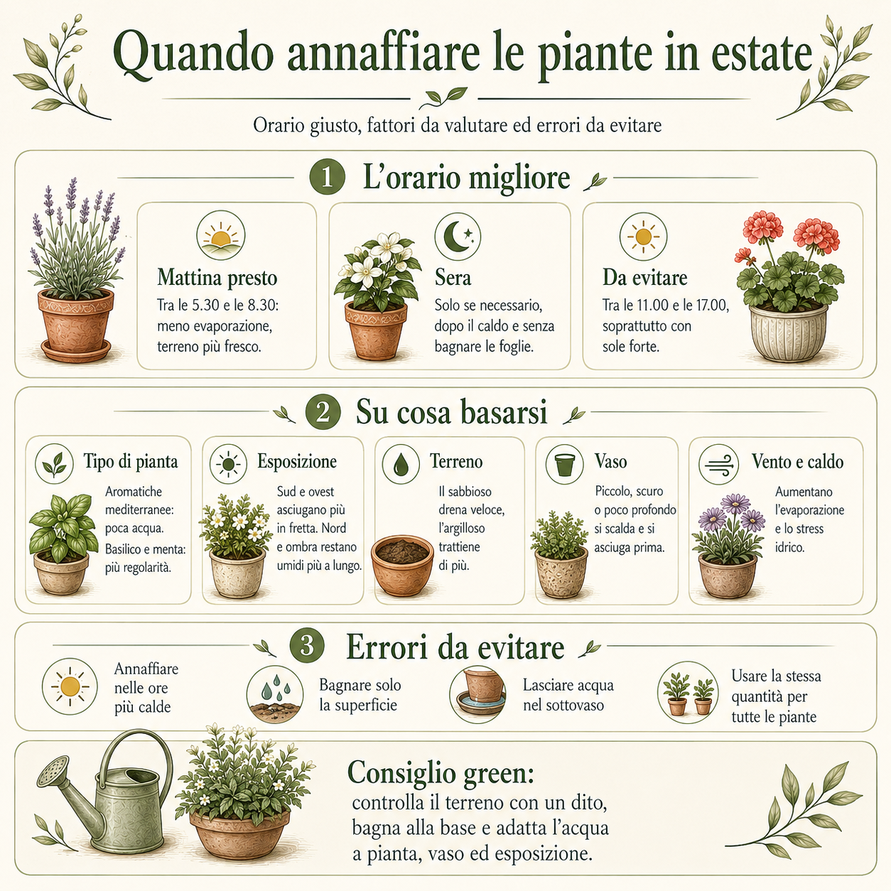 Infografica botanica che spiega quando annaffiare le piante in estate e quali fattori considerare, tra orario, tipo di pianta, esposizione, terreno, vaso, vento e caldo