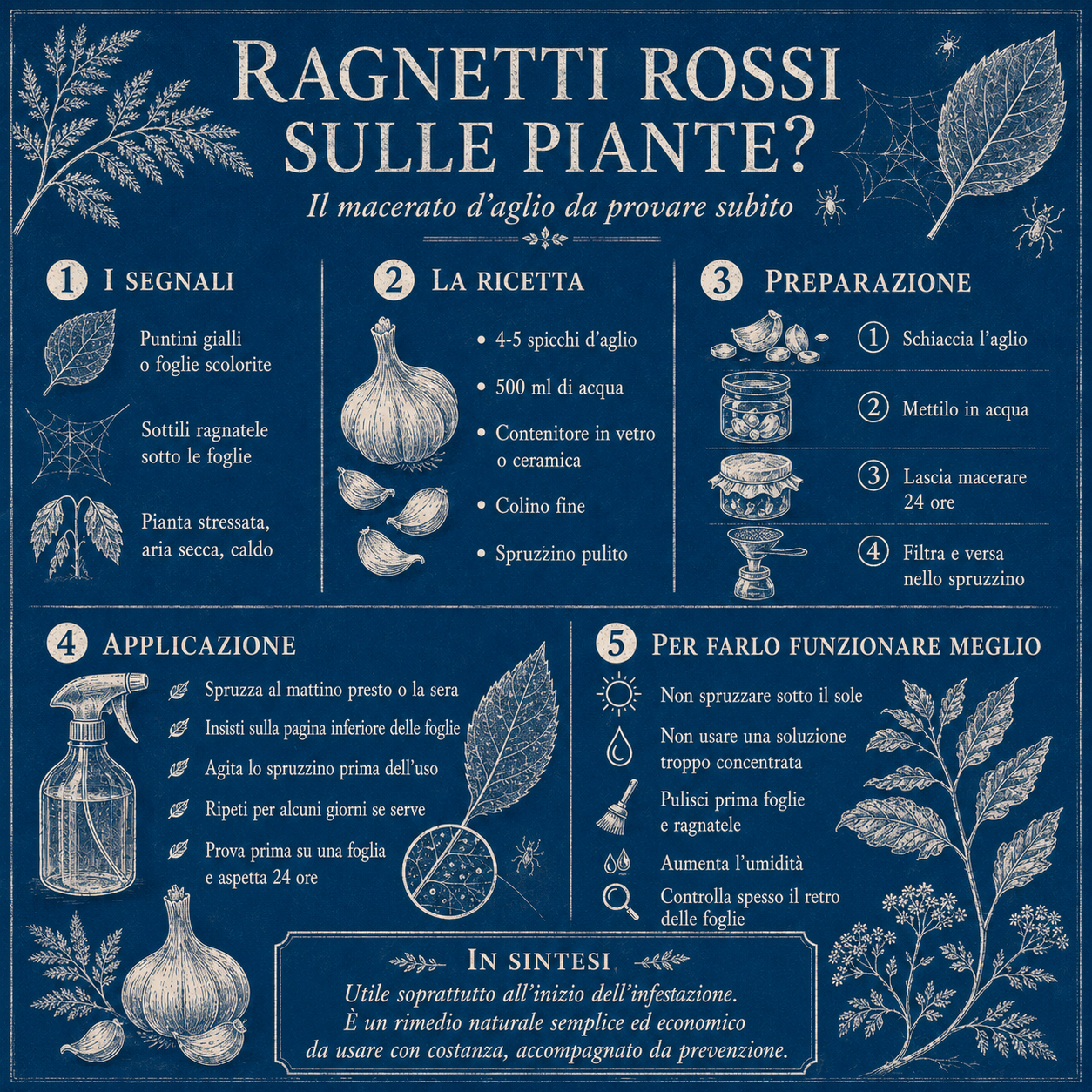 Infografica botanica blu in stile cianotipia che spiega come preparare e applicare il macerato d’aglio contro i ragnetti rossi sulle piante