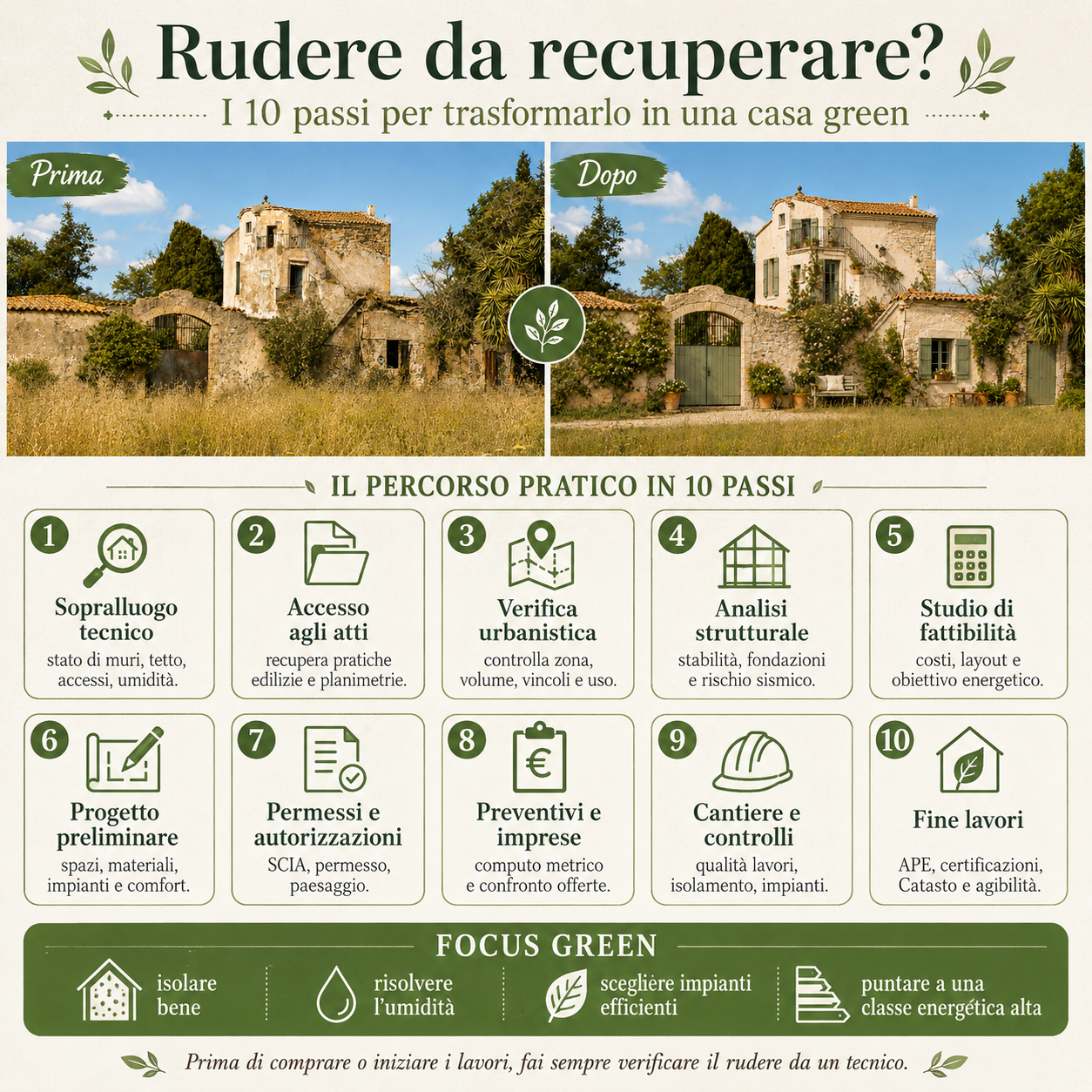 Infografica sul recupero di un rudere in casa green, con immagini prima e dopo e 10 passi pratici: sopralluogo tecnico, accesso agli atti, verifica urbanistica, analisi strutturale, permessi, preventivi, cantiere e fine lavori.