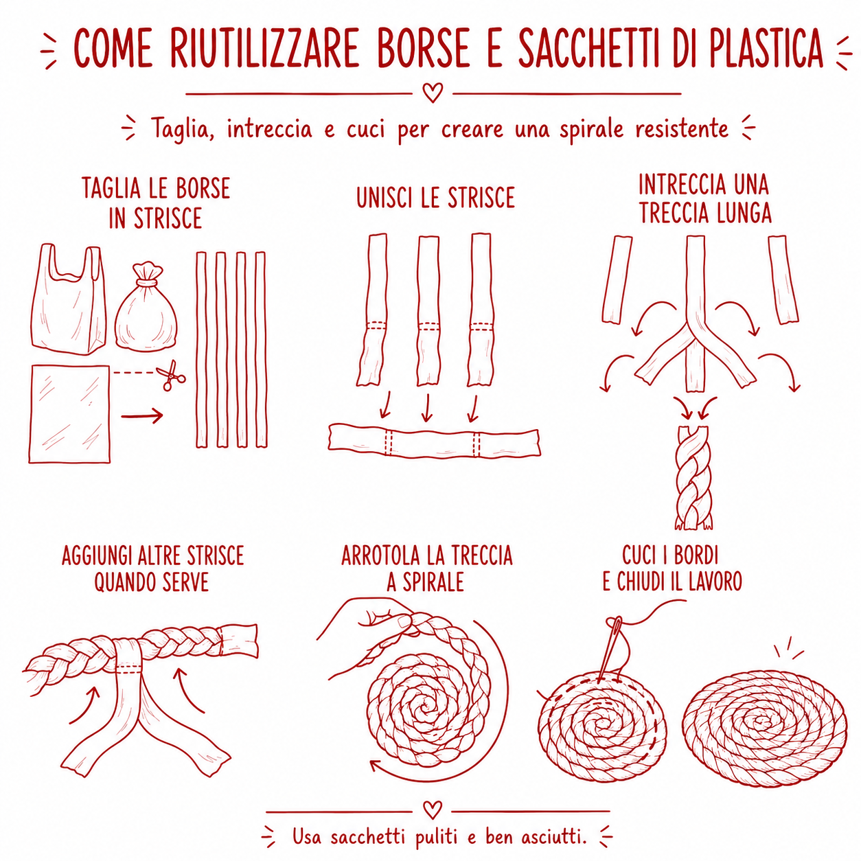 Infografica illustrata in rosso su fondo bianco che spiega come riutilizzare borse e sacchetti di plastica tagliandoli in strisce, intrecciandoli e cucendoli a spirale