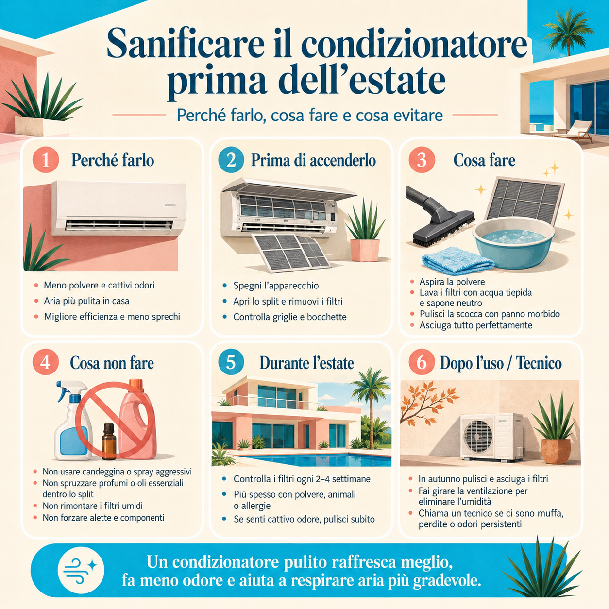 perché sanificare il condizionatore prima dell’estate, cosa fare prima di accenderlo, cosa evitare, quando pulire i filtri e quando chiamare un tecnic