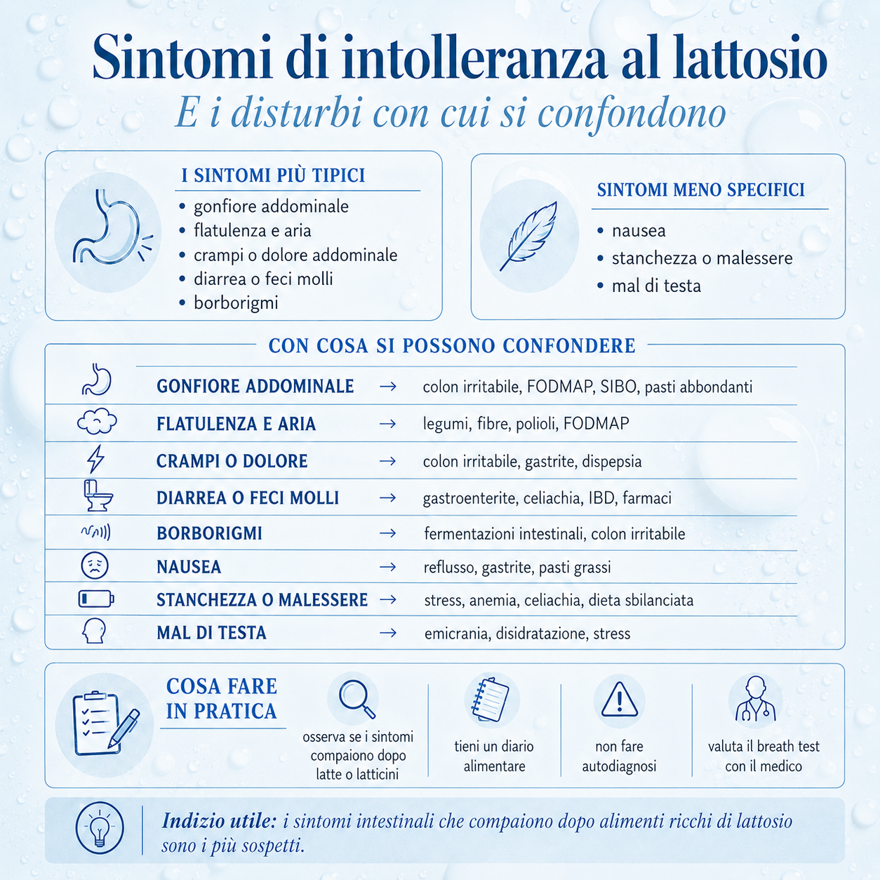 Infografica azzurra sui sintomi dell’intolleranza al lattosio, con gonfiore, flatulenza, crampi, diarrea, nausea, stanchezza e mal di testa, e i disturbi con cui possono essere confusi