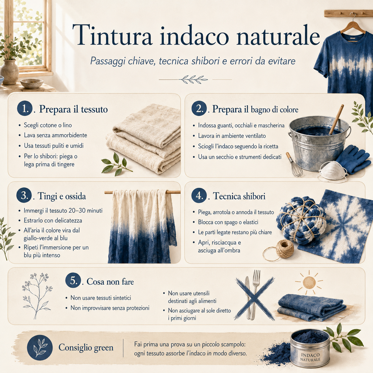 Infografica quadrata sulla tintura indaco naturale con passaggi principali, preparazione del tessuto, tecnica shibori ed errori da evitare