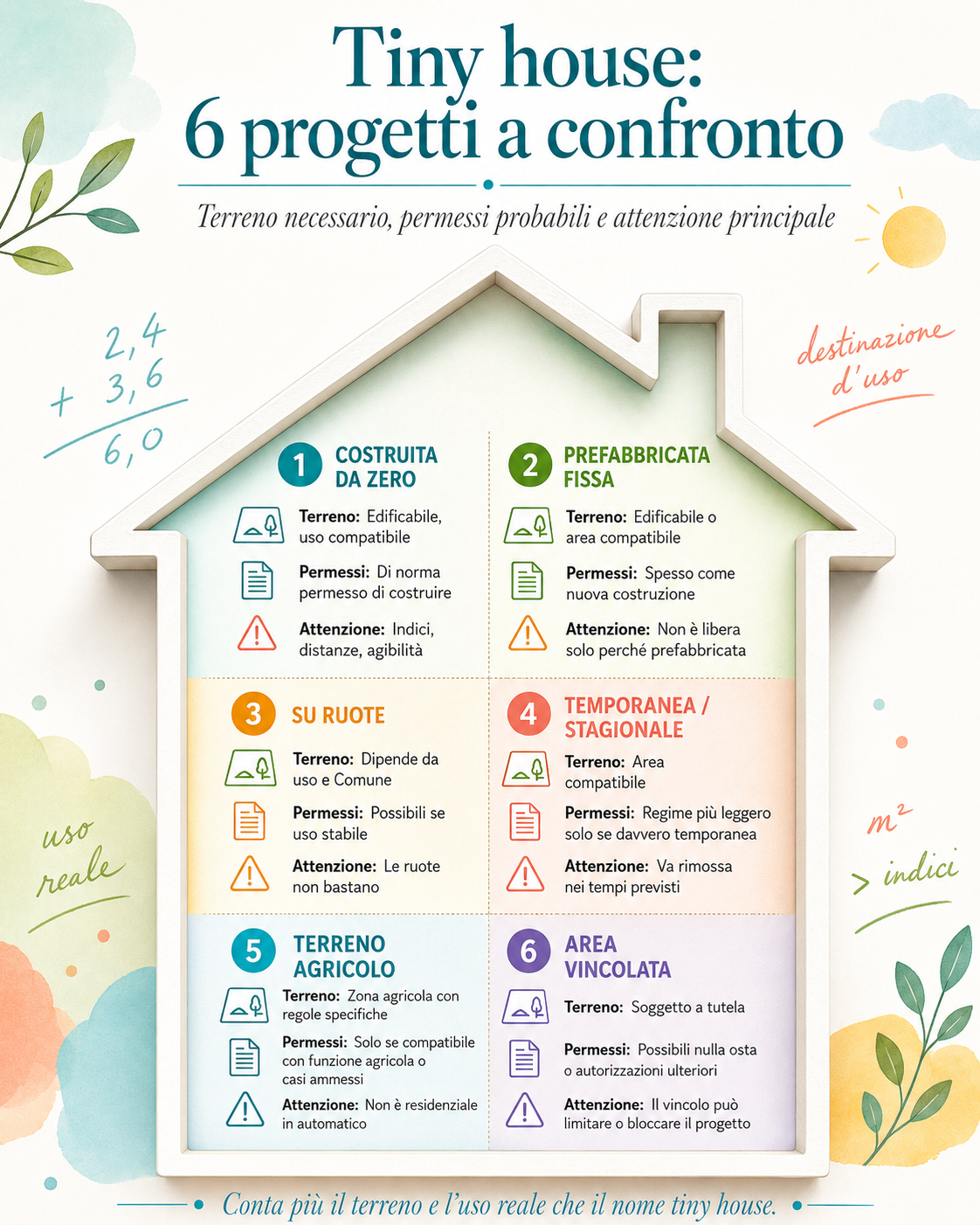 Infografica colorata a forma di mini casa che confronta 6 tipi di progetto tiny house in Italia, con terreno necessario, permessi probabili e principali vincoli da valutare