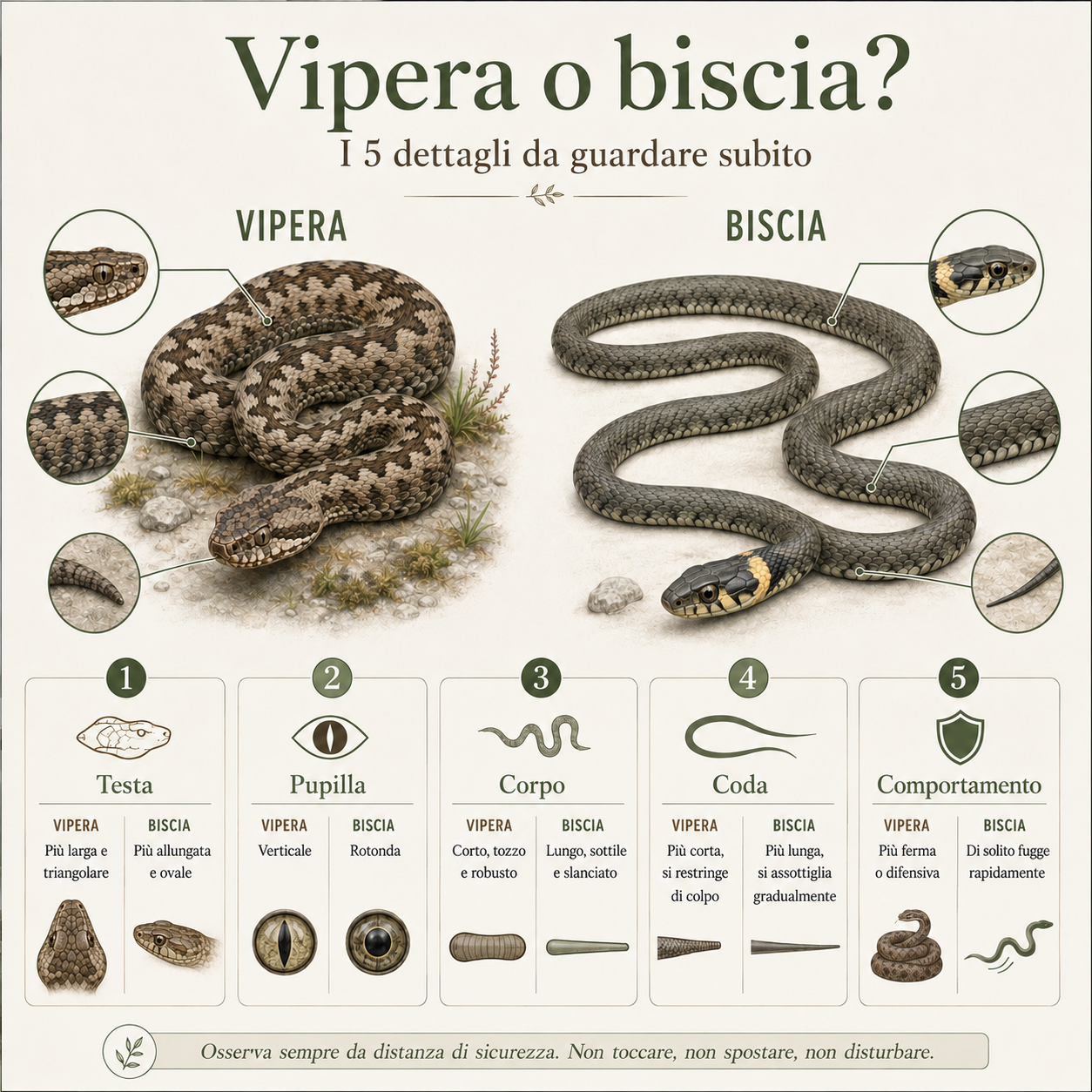 Infografica naturalistica che confronta vipera e biscia mostrando i 5 dettagli da osservare: forma della testa, pupilla, corpo, coda e comportamento, con illustrazioni realistiche dei due serpenti.