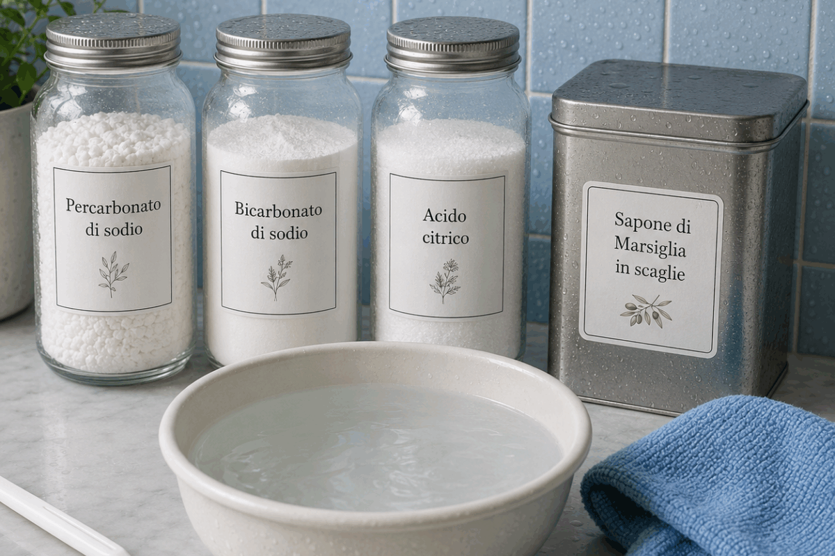 Immagine di copertina con ingredienti naturali per pulire il bagno senza candeggina: percarbonato di sodio, bicarbonato di sodio, acido citrico, sapone di Marsiglia in scaglie, bacinella con acqua, spazzolino bianco e panno in microfibra blu su piastrelle azzurre bagnate