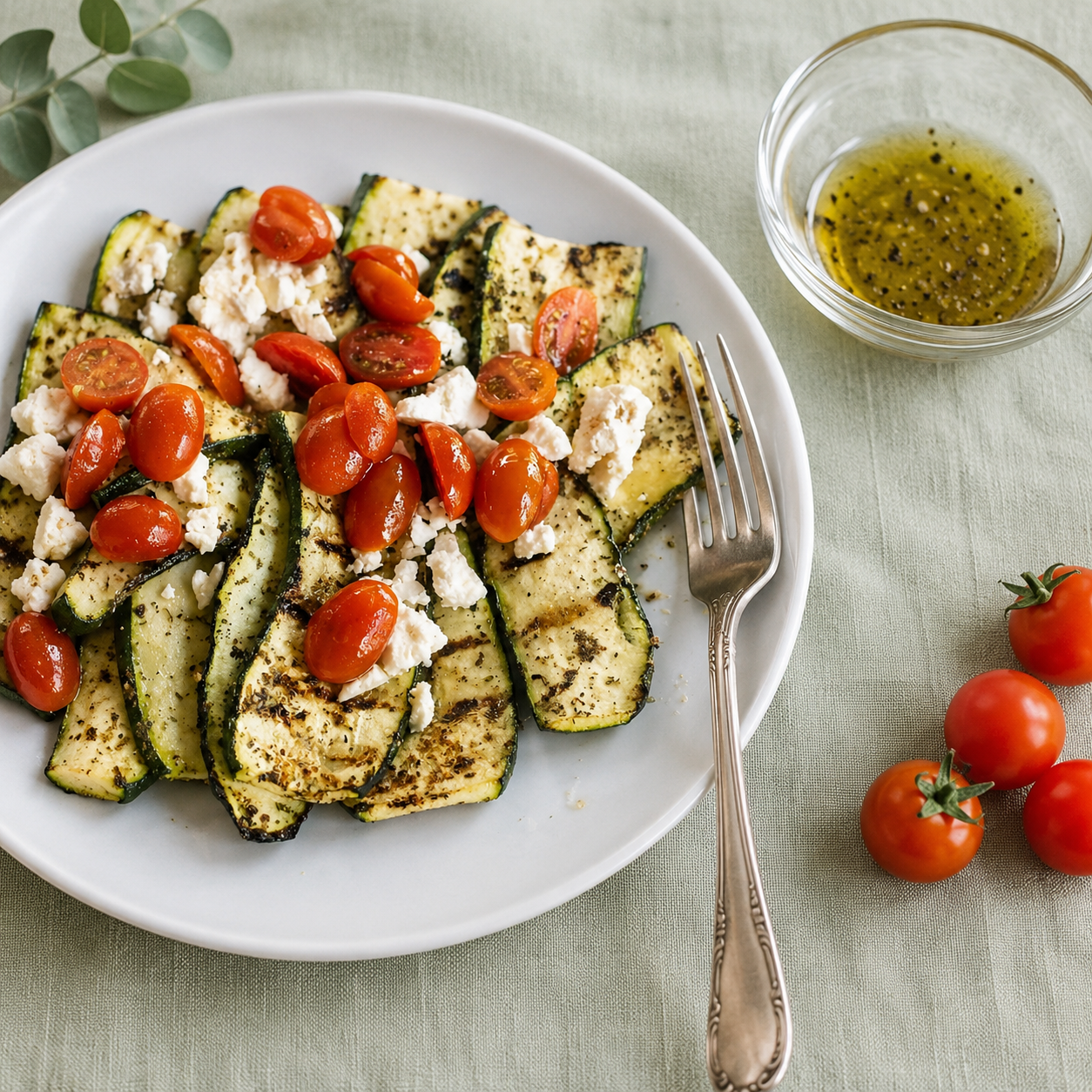 Insalata di zucchine grigliate con pomodorini, feta sbriciolata e condimento di olio, sale e pepe su tovaglia verde