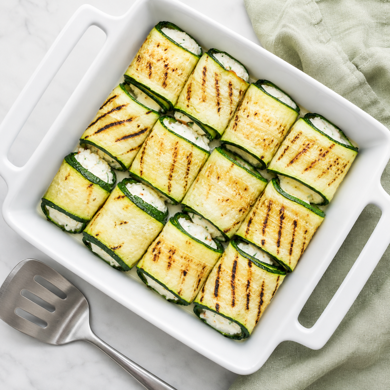 Involtini di zucchine grigliate farciti con ricotta ed erbe aromatiche, disposti in una pirofila bianca con paletta in acciaio e strofinaccio di lino verde chiaro accant