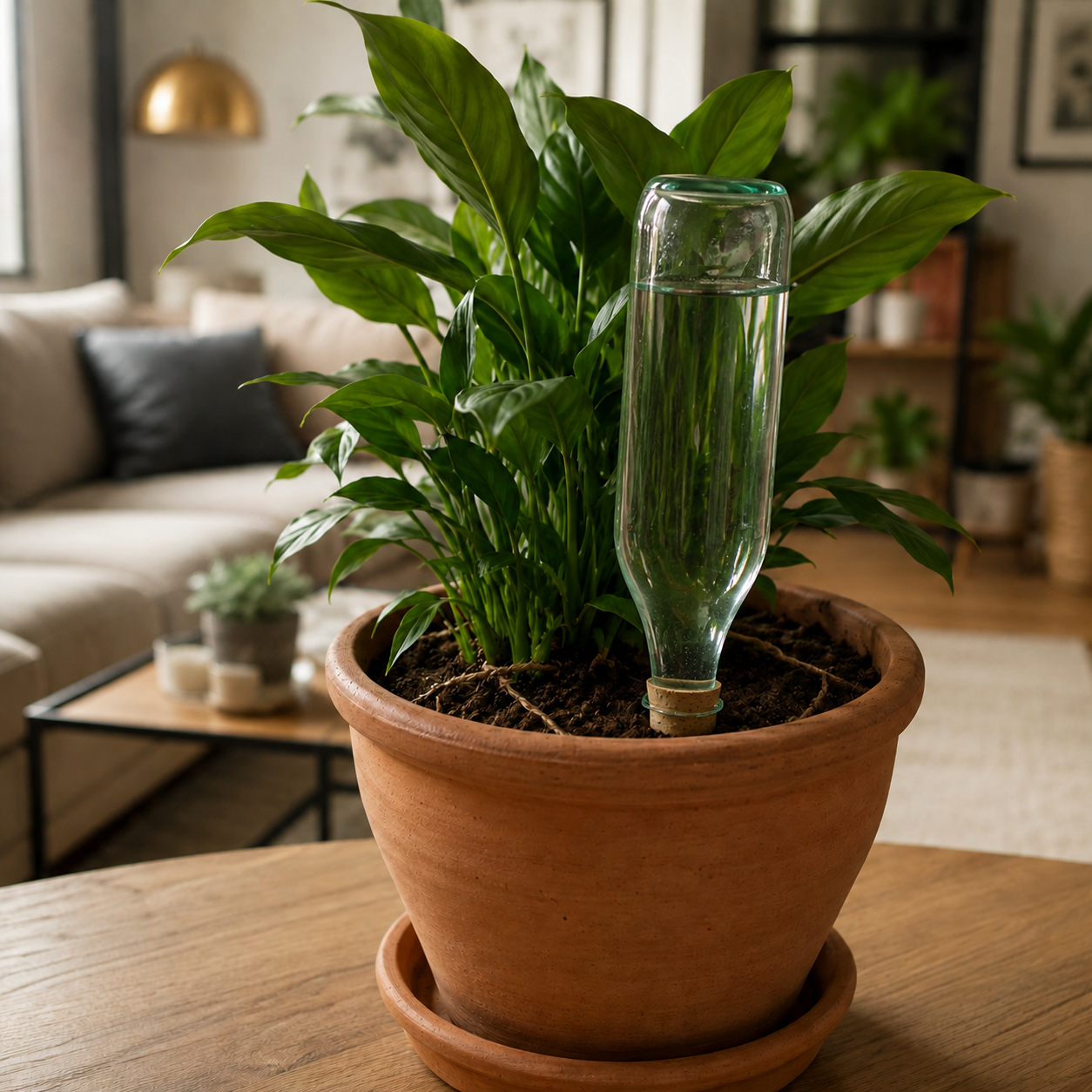 Pianta verde in vaso di terracotta con bottiglia di vetro capovolta senza etichetta e tappo di sughero corto, in un salotto moderno con piccolo spago visibile sul terreno