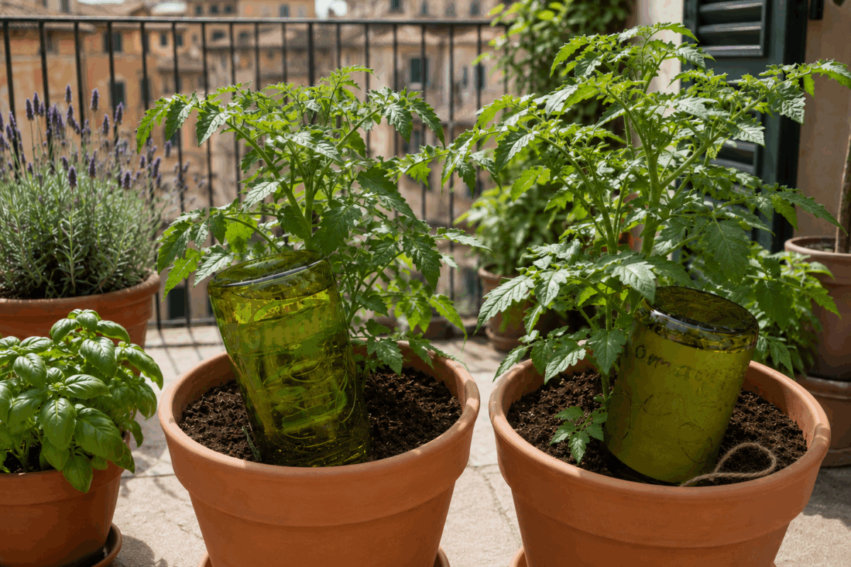 Vasi rotondi di terracotta con piante di pomodoro, basilico e lavanda su un terrazzo urbano italiano, con bottiglie di vetro capovolte per l’irrigazione e uno spago appoggiato sul terreno