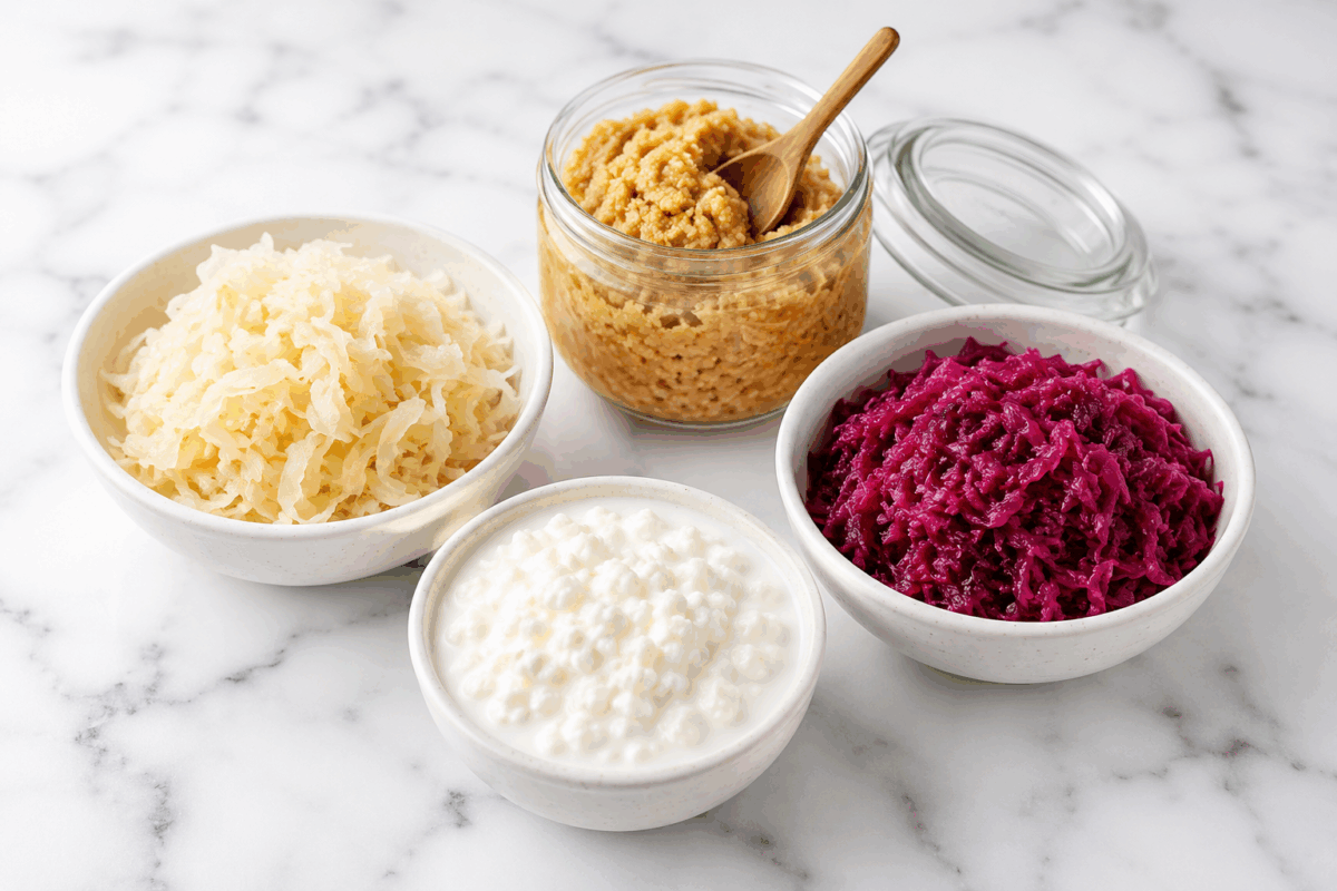 Tre cibi fermentati comuni su piano in marmo bianco: kefir in ciotola, miso in barattolo trasparente e crauti bianchi e rossi in ciotole.
