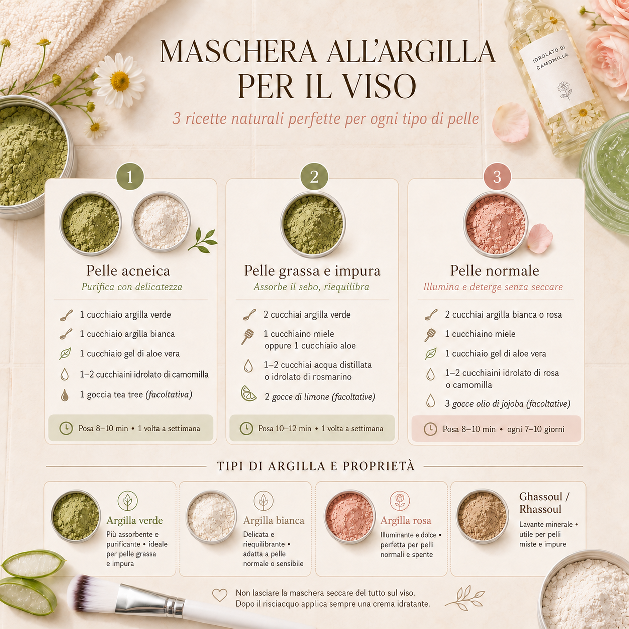 Infografica quadrata elegante e minimal sulla maschera all’argilla per il viso, con 3 ricette naturali per pelle acneica, pelle grassa e impura e pelle normale, e panoramica finale sui tipi di argilla e le loro proprietà