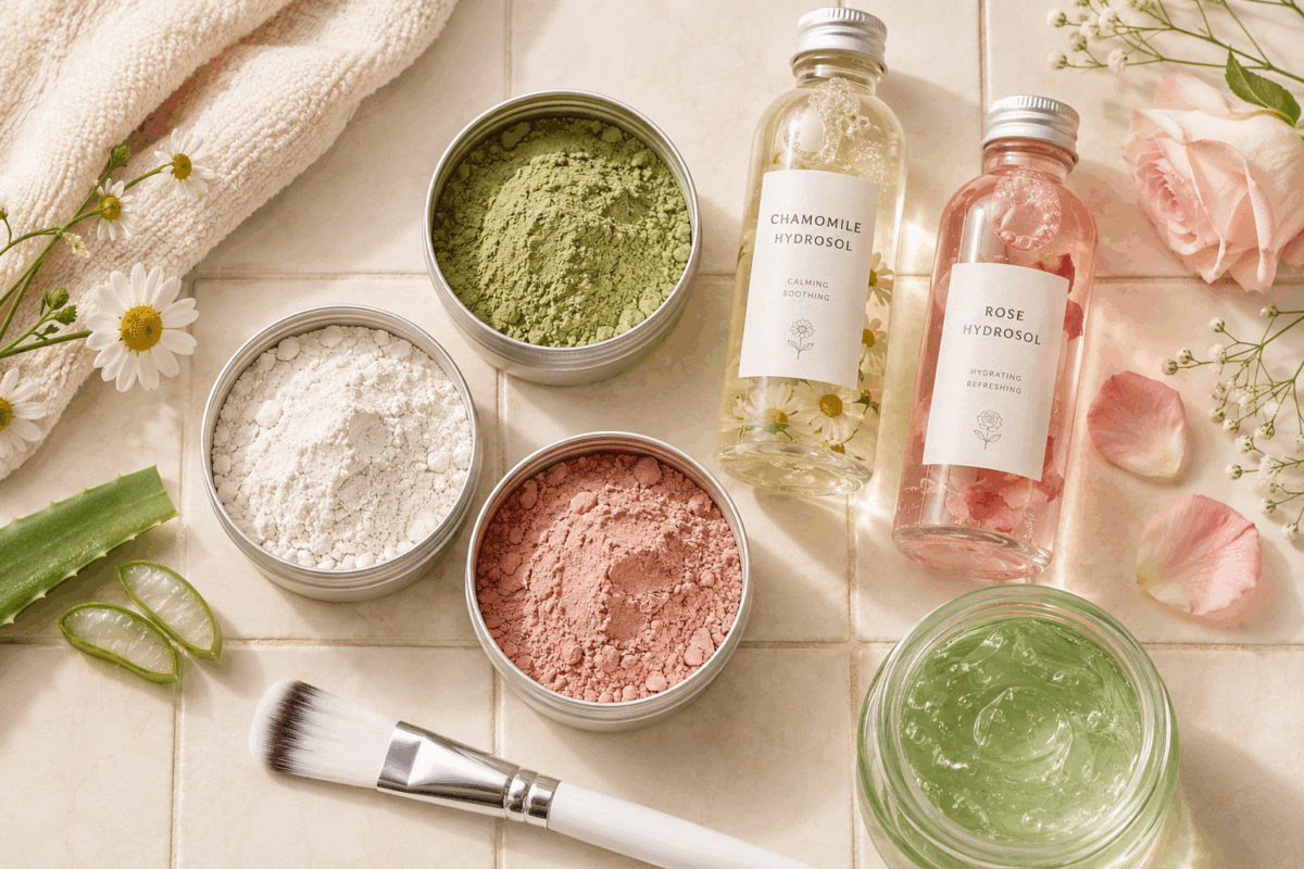elegante con argilla verde, argilla bianca e argilla rosa in ciotole di alluminio, idrolato di camomilla, idrolato di rosa, gel di aloe vera e pennello per maschera viso su piastrelle color crema